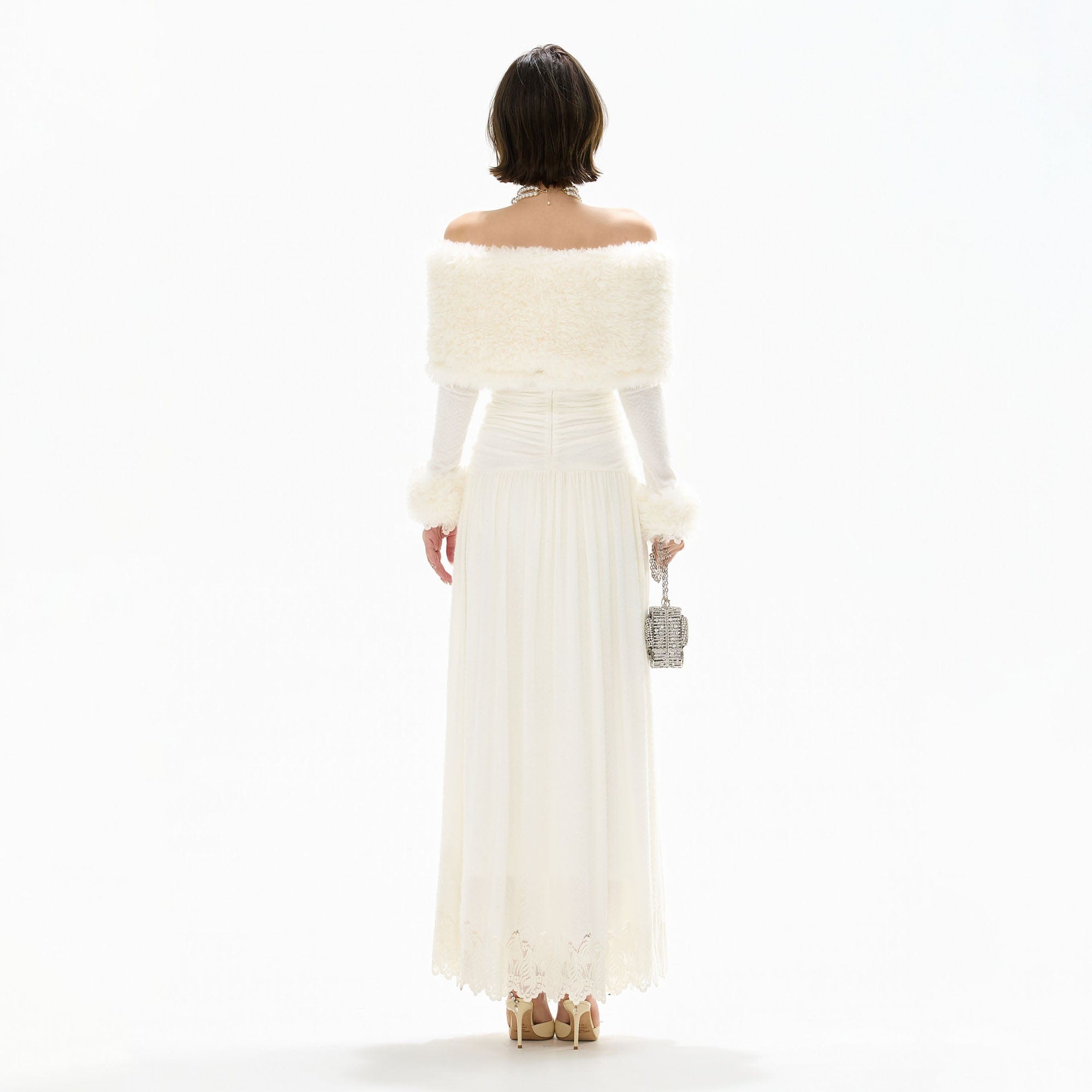 CYNR Faux Fur Stole Lace Trim Maxi Dress
