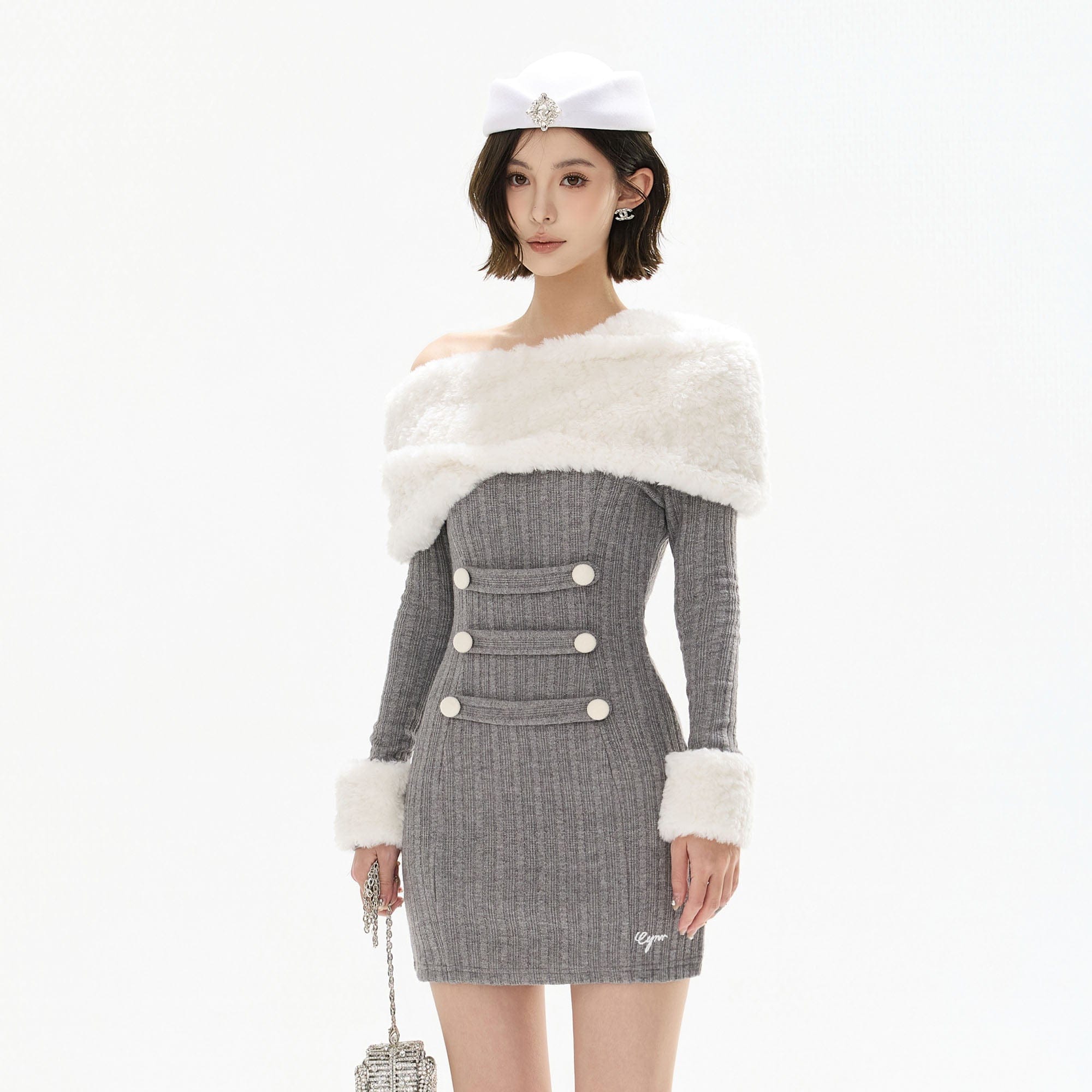 CYNR Foldover Fleece Collar Ribbed Mini Dress