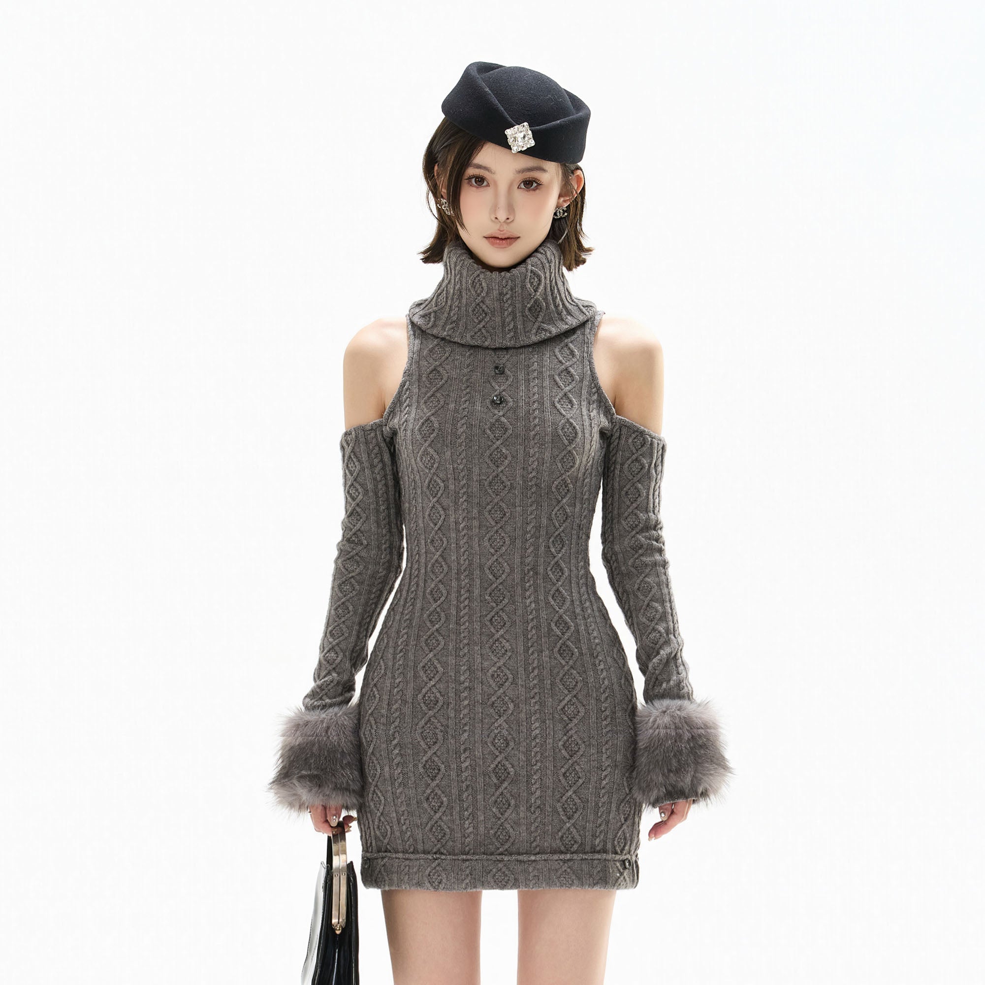 CYGNENOYR Cold-Shoulder Cable Knit Mini Dress
