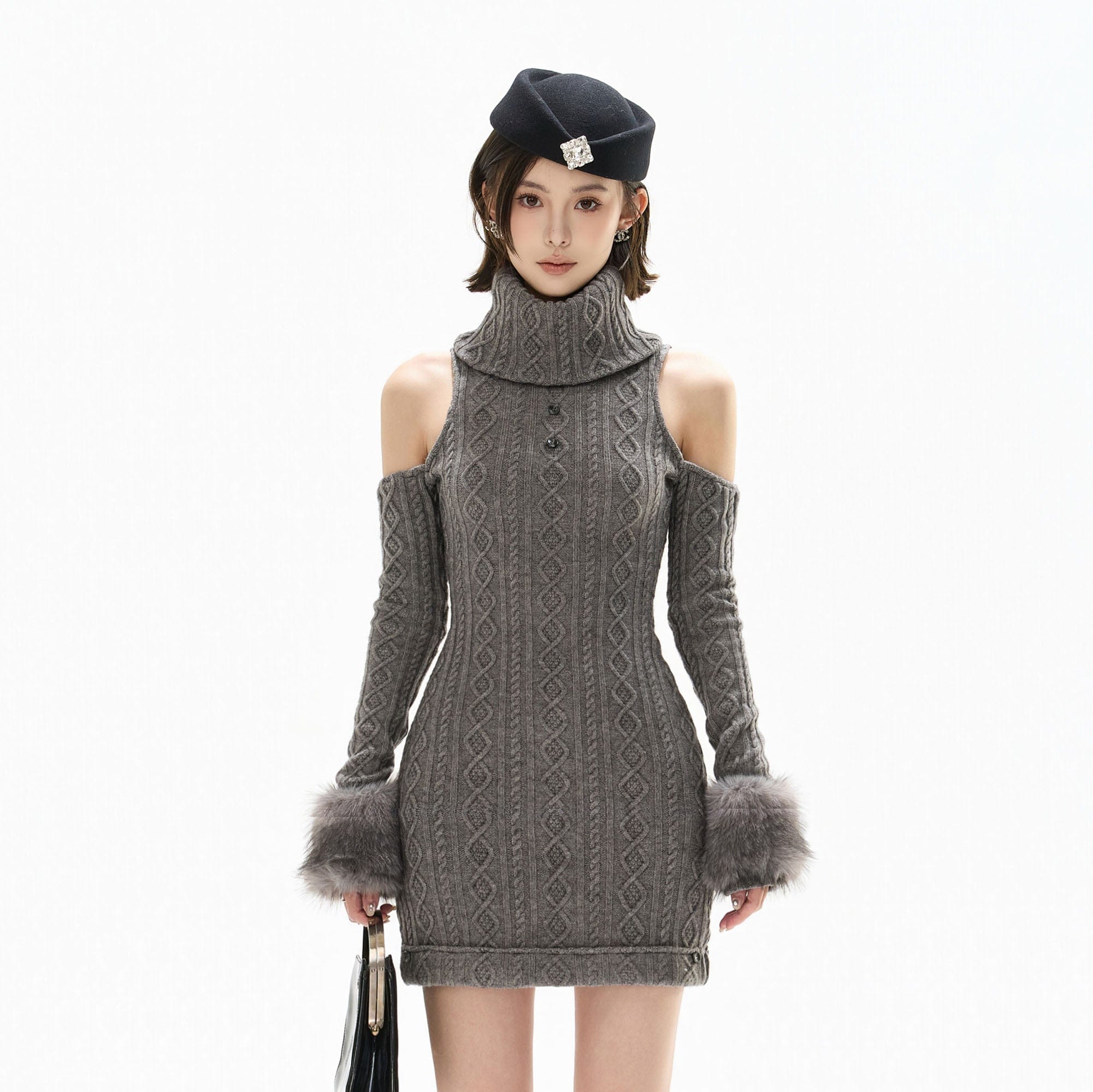 CYNR Cold-Shoulder Cable Knit Mini Dress