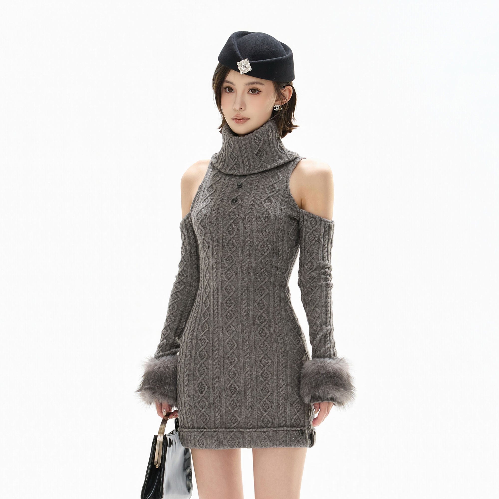 CYNR Cold-Shoulder Cable Knit Mini Dress