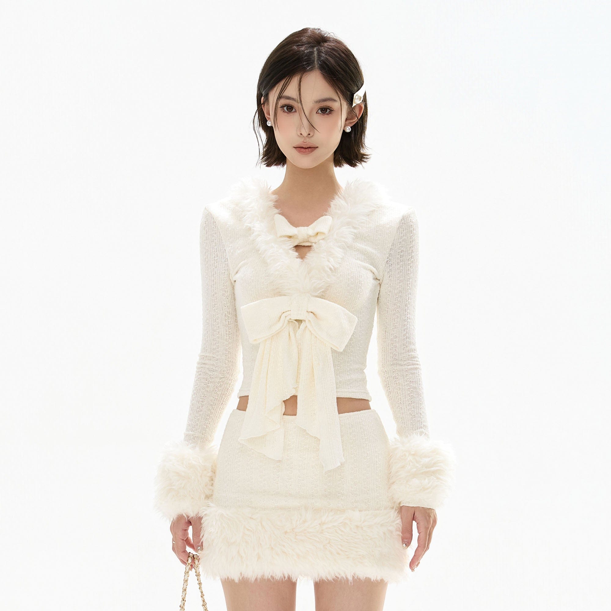 CYNR Faux Fur Trim Bow-Tie Crop Top