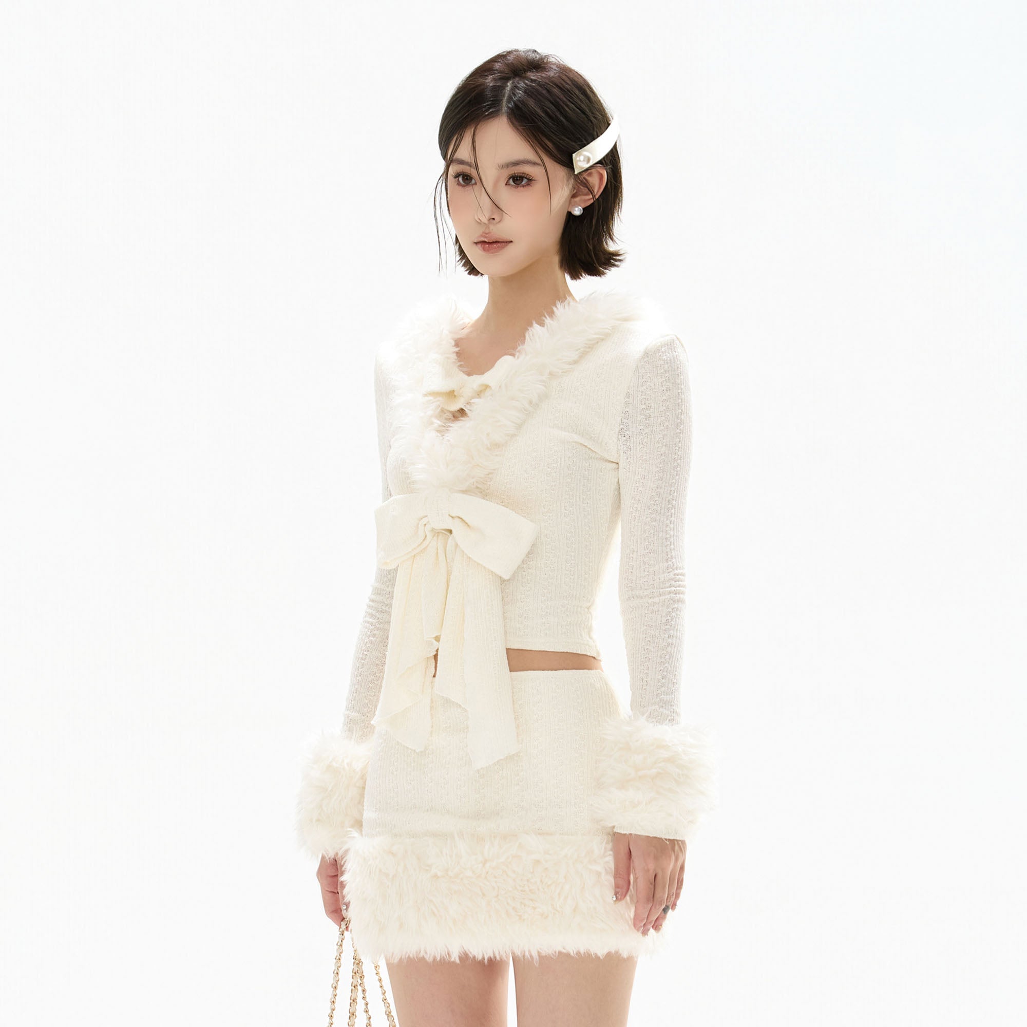 CYNR Faux Fur Trim Bow-Tie Crop Top
