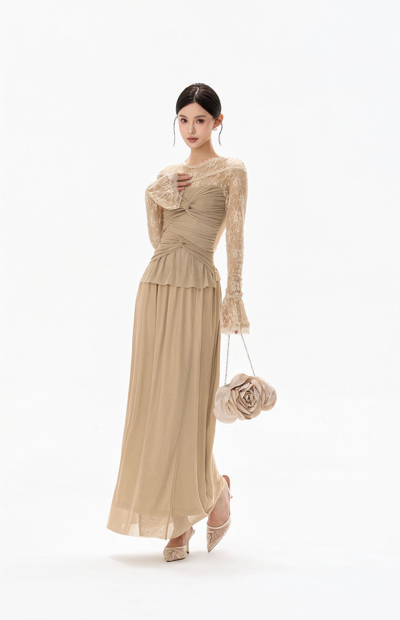 CYNR Ruched Front Lace Sleeve Maxi Dress