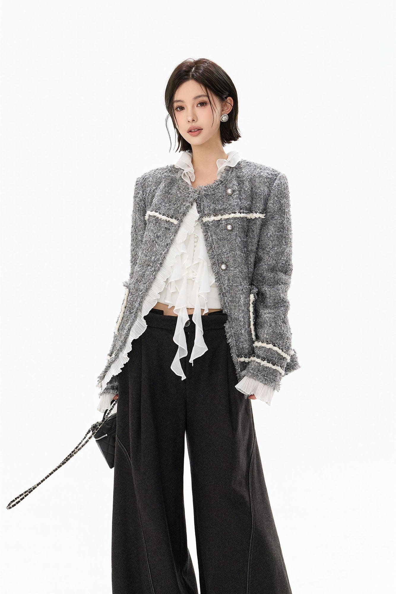 CYNR Boucle Ruffle-Placket Pearl-Button Jacket