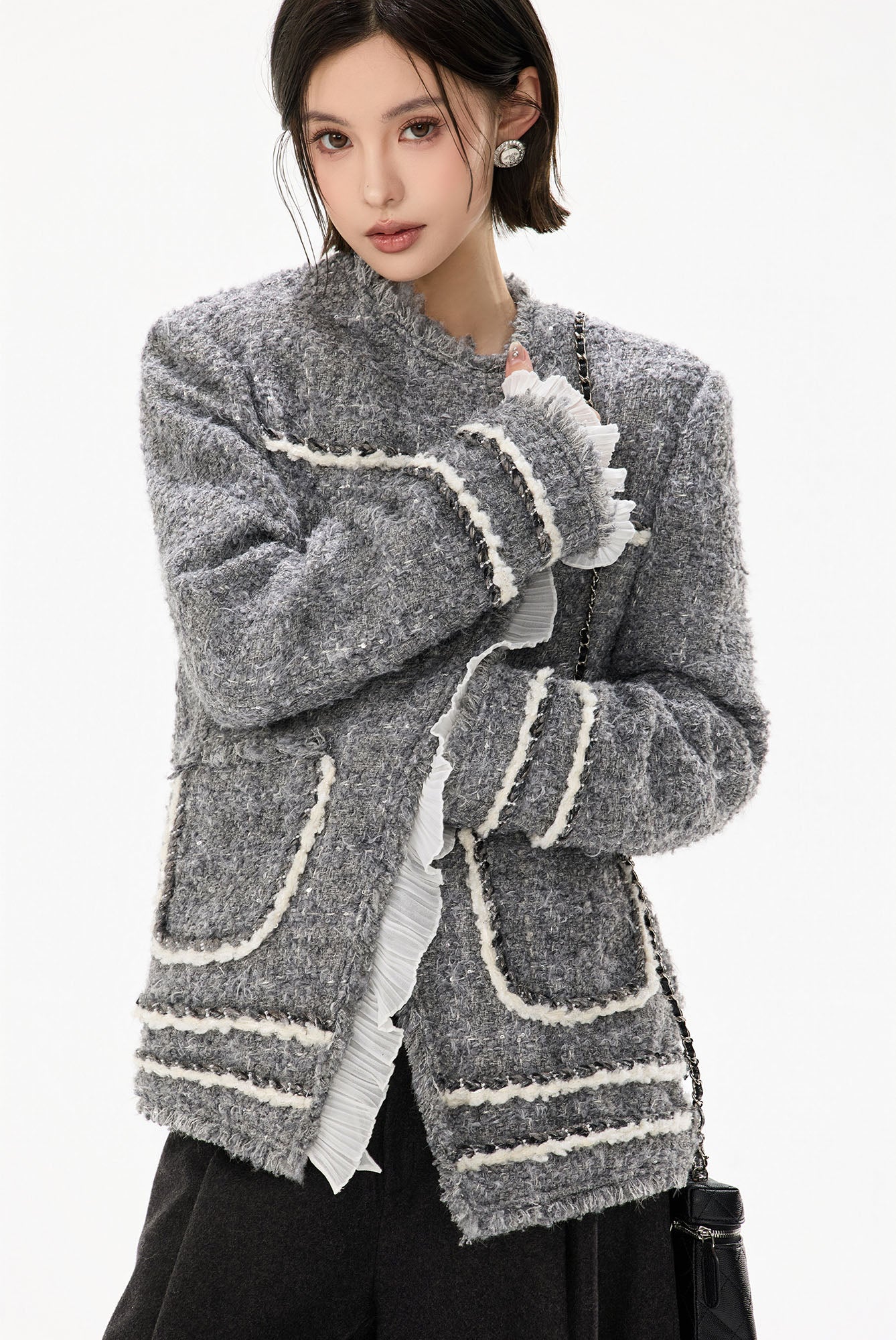 CYGNENOYR Boucle Ruffle-Placket Pearl-Button Jacket