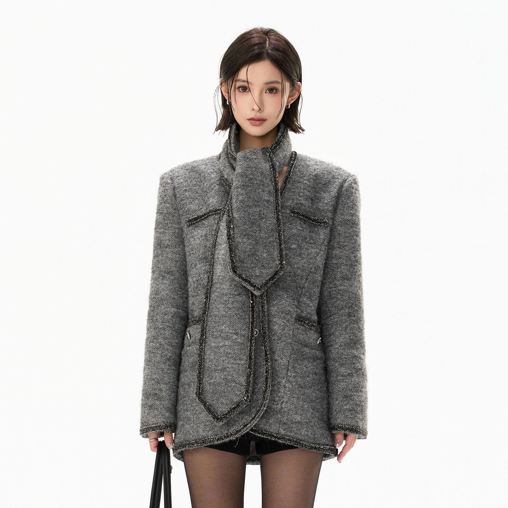 CYNR Scarf-Neck Metallic Bouclé-Trim Jacket