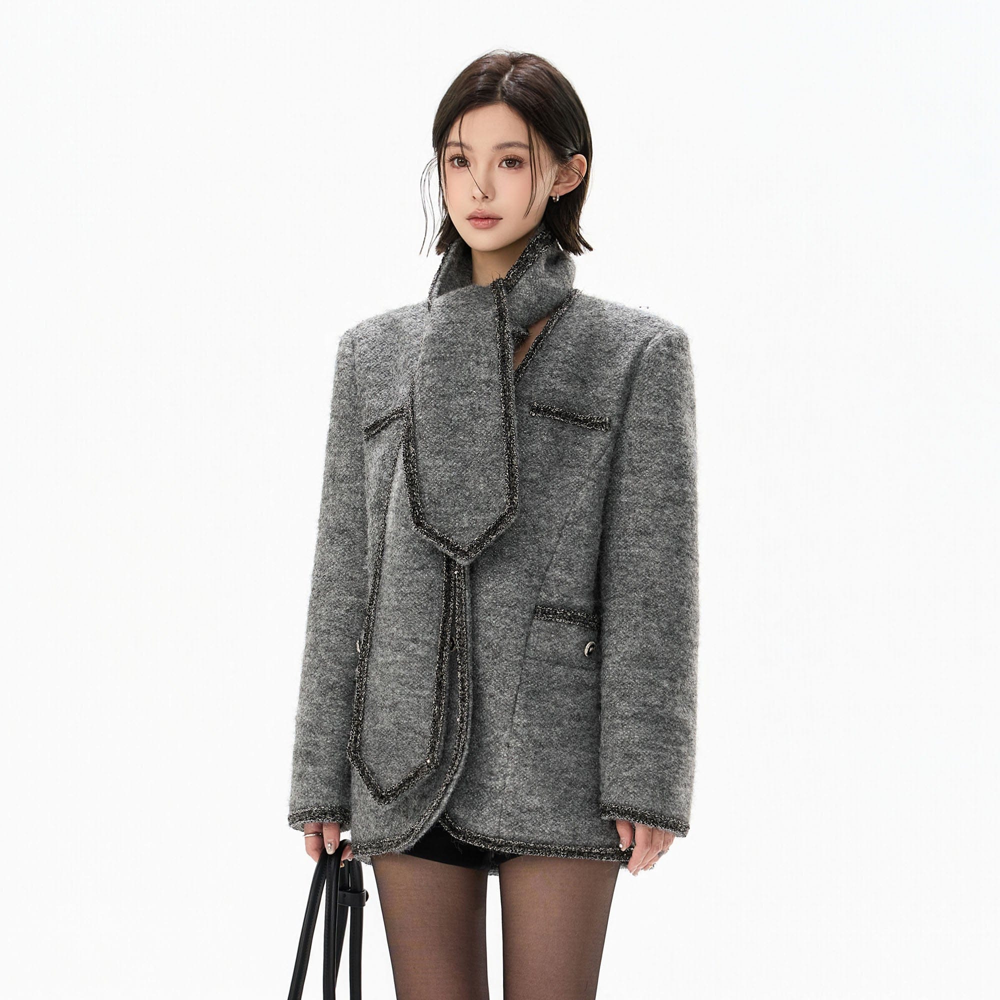 CYNR Scarf-Neck Metallic Bouclé-Trim Jacket