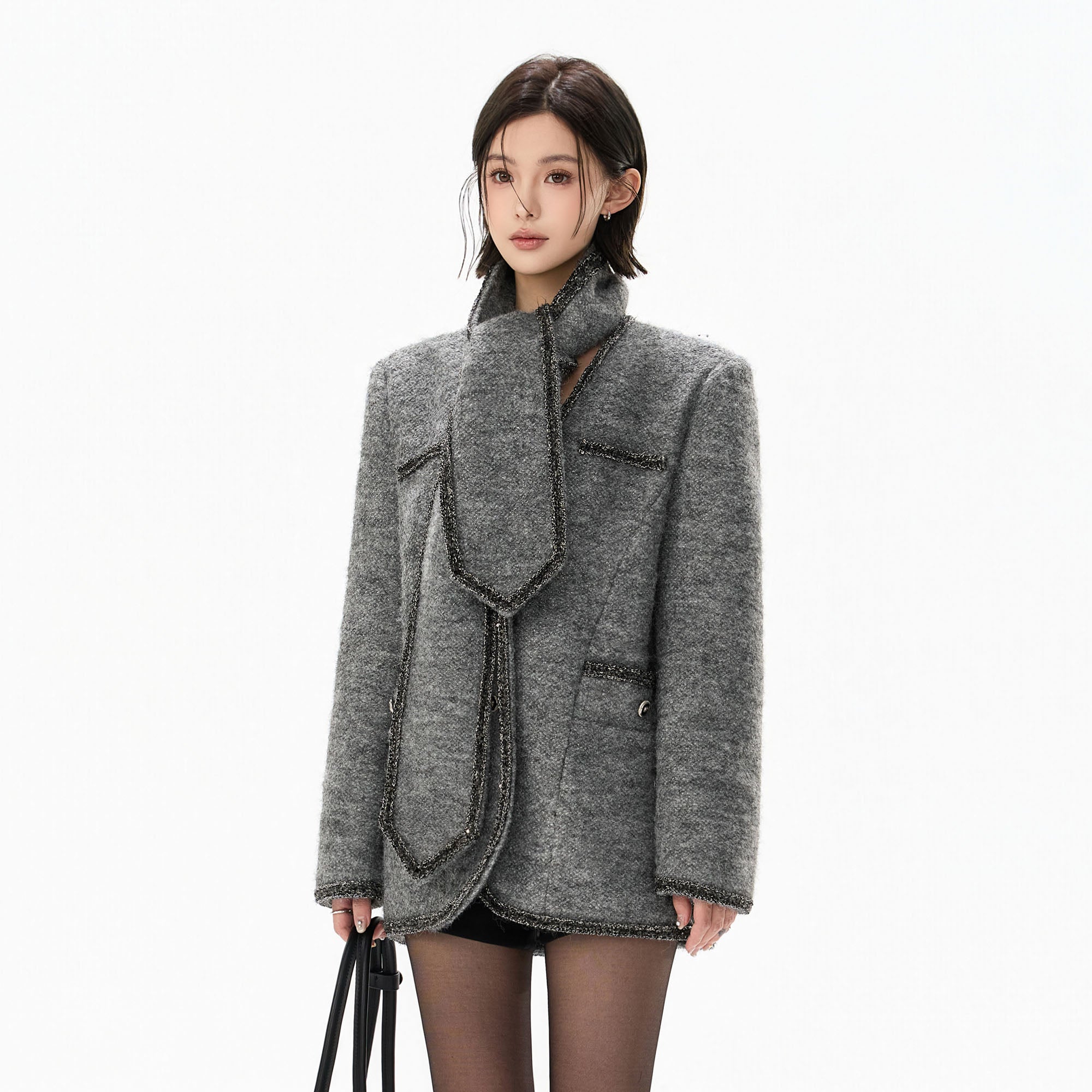 CYGNENOYR Scarf-Neck Metallic Bouclé-Trim Jacket