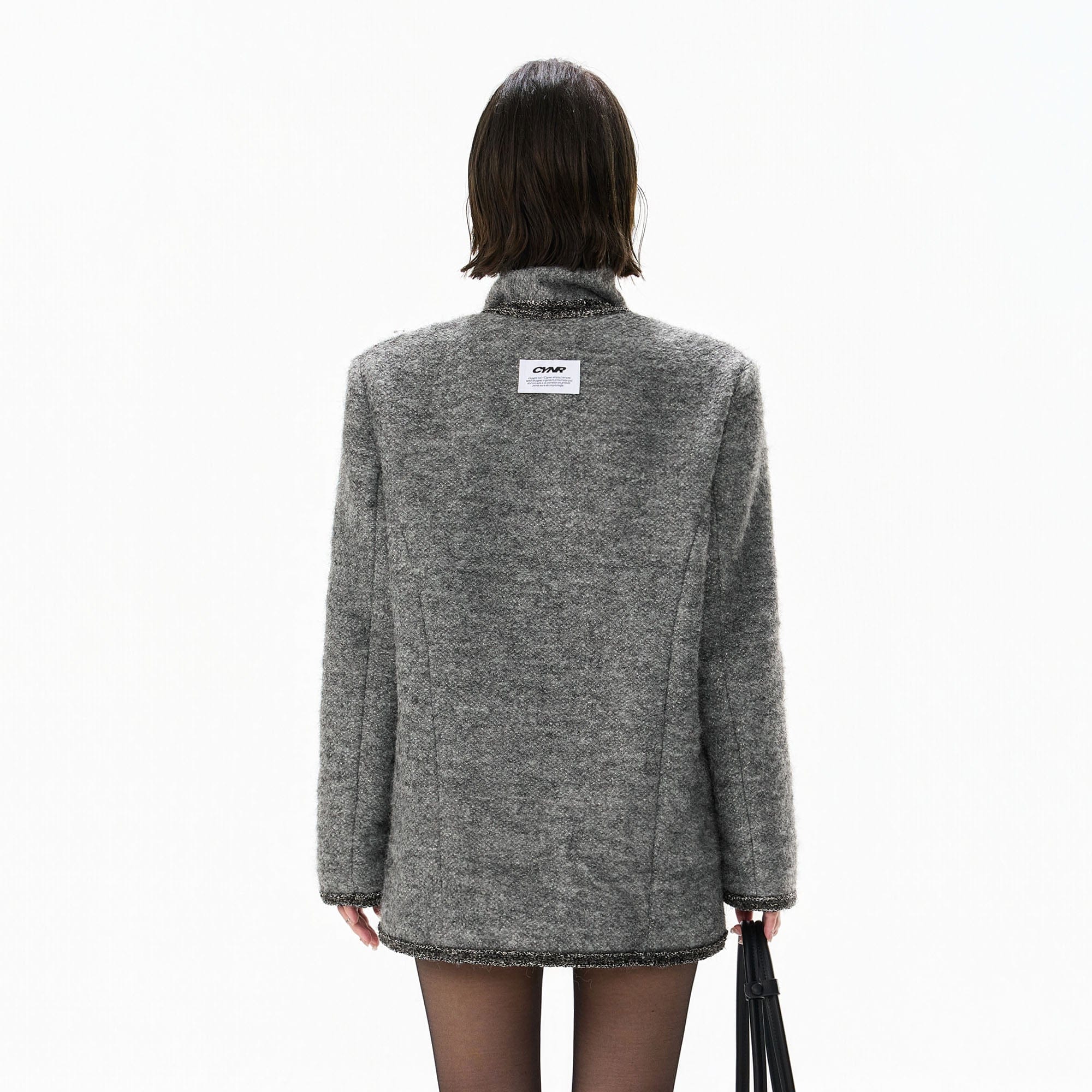 CYNR Scarf-Neck Metallic Bouclé-Trim Jacket