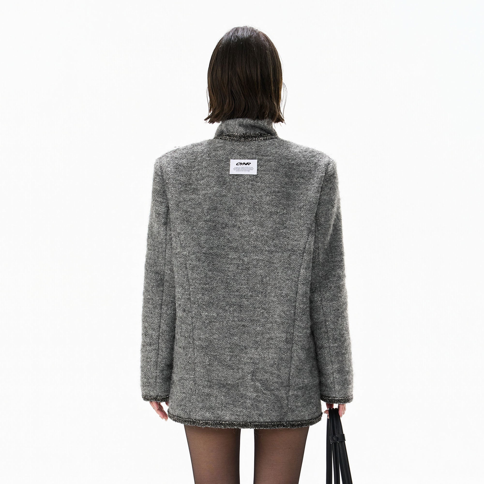 CYGNENOYR Scarf-Neck Metallic Bouclé-Trim Jacket