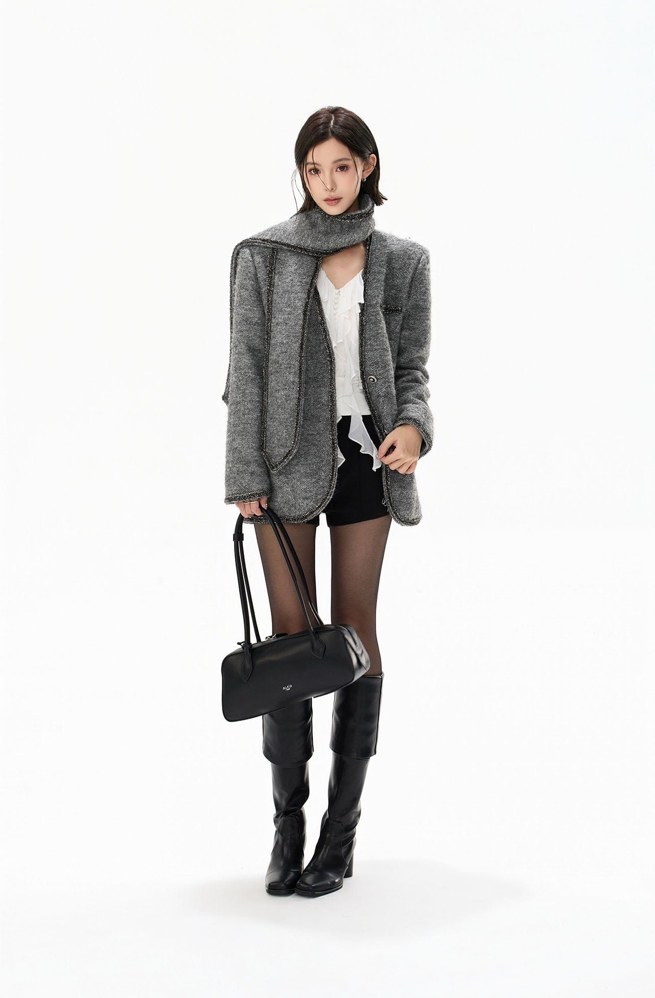 CYNR Scarf-Neck Metallic Bouclé-Trim Jacket