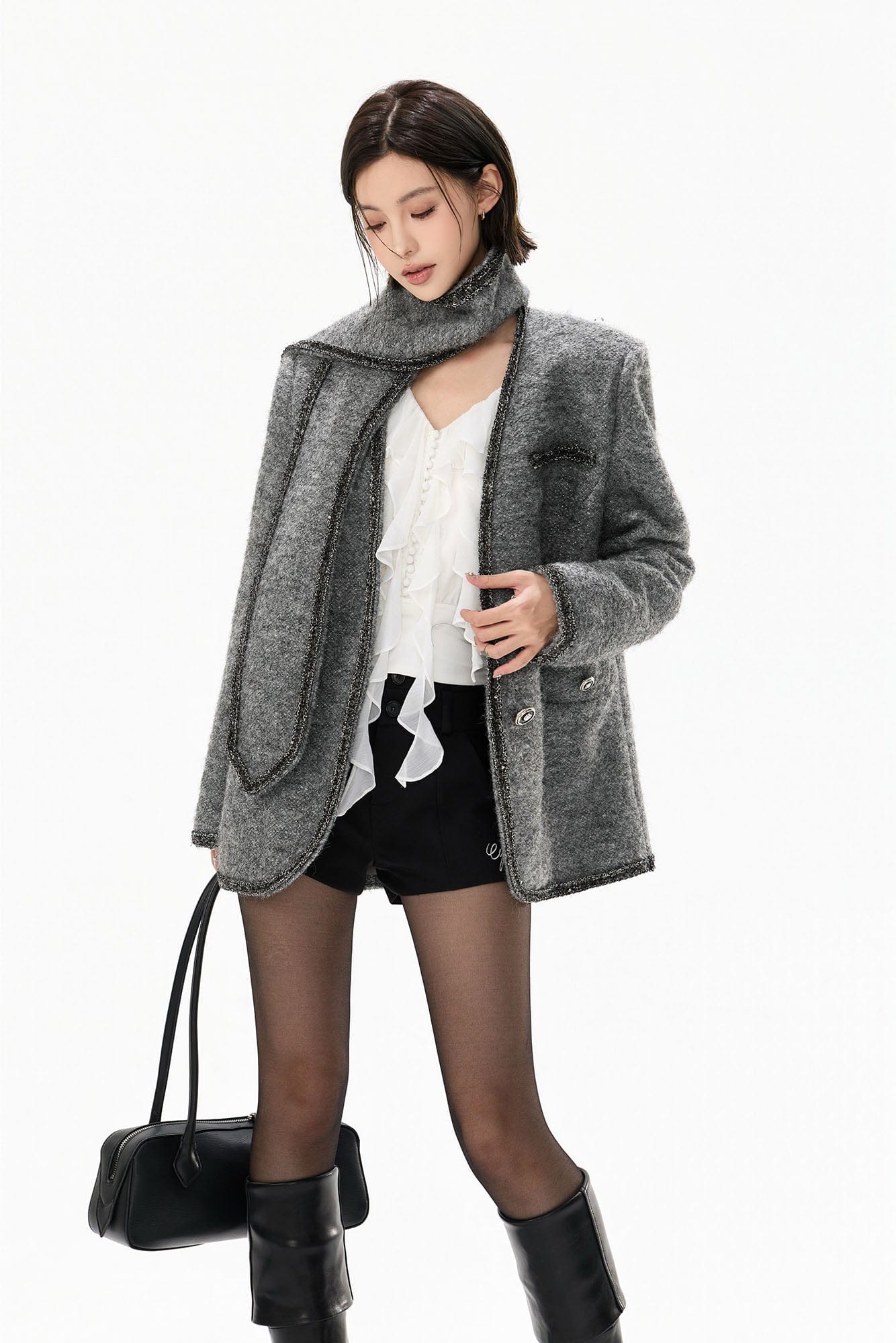 CYNR Scarf-Neck Metallic Bouclé-Trim Jacket