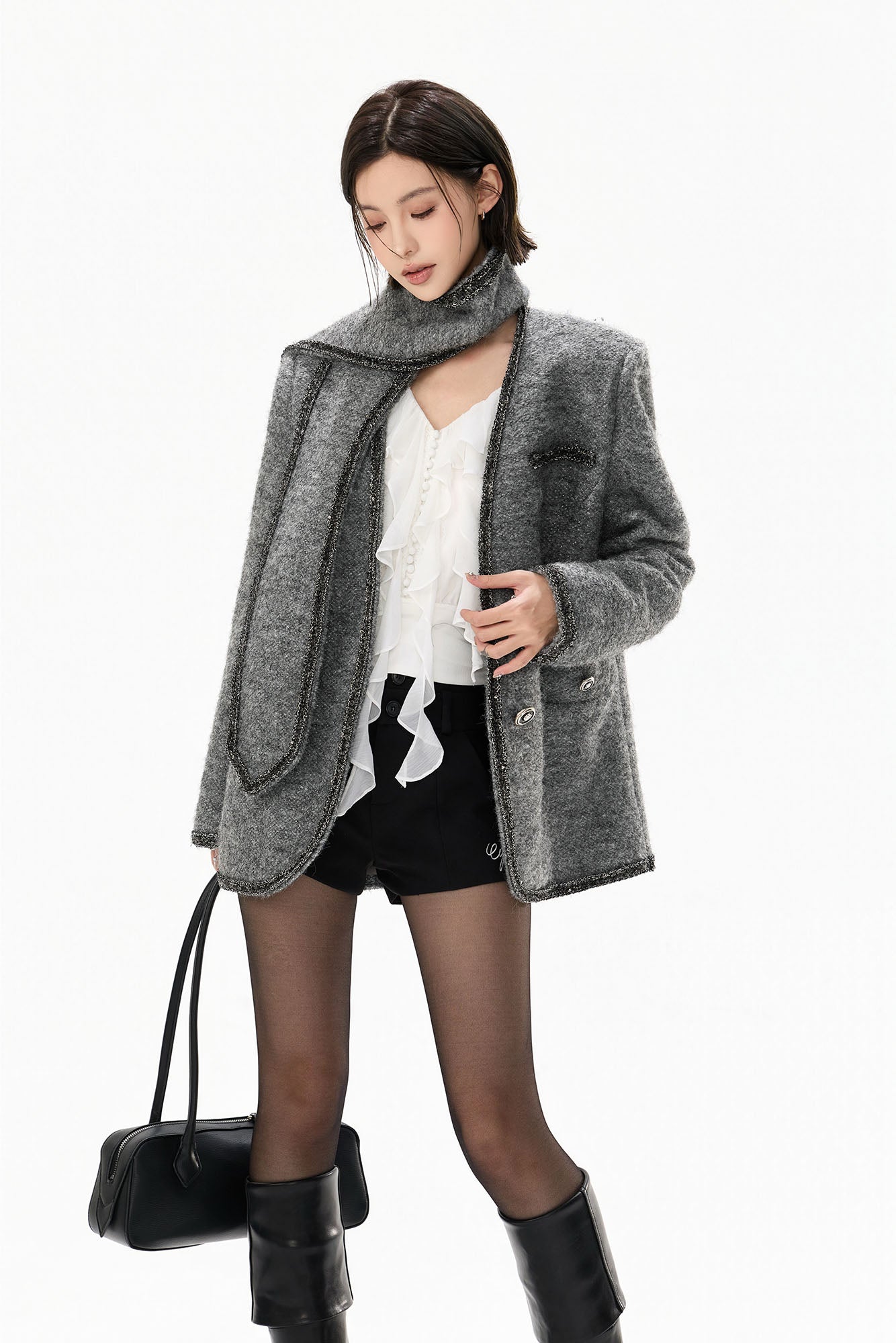 CYGNENOYR Scarf-Neck Metallic Bouclé-Trim Jacket