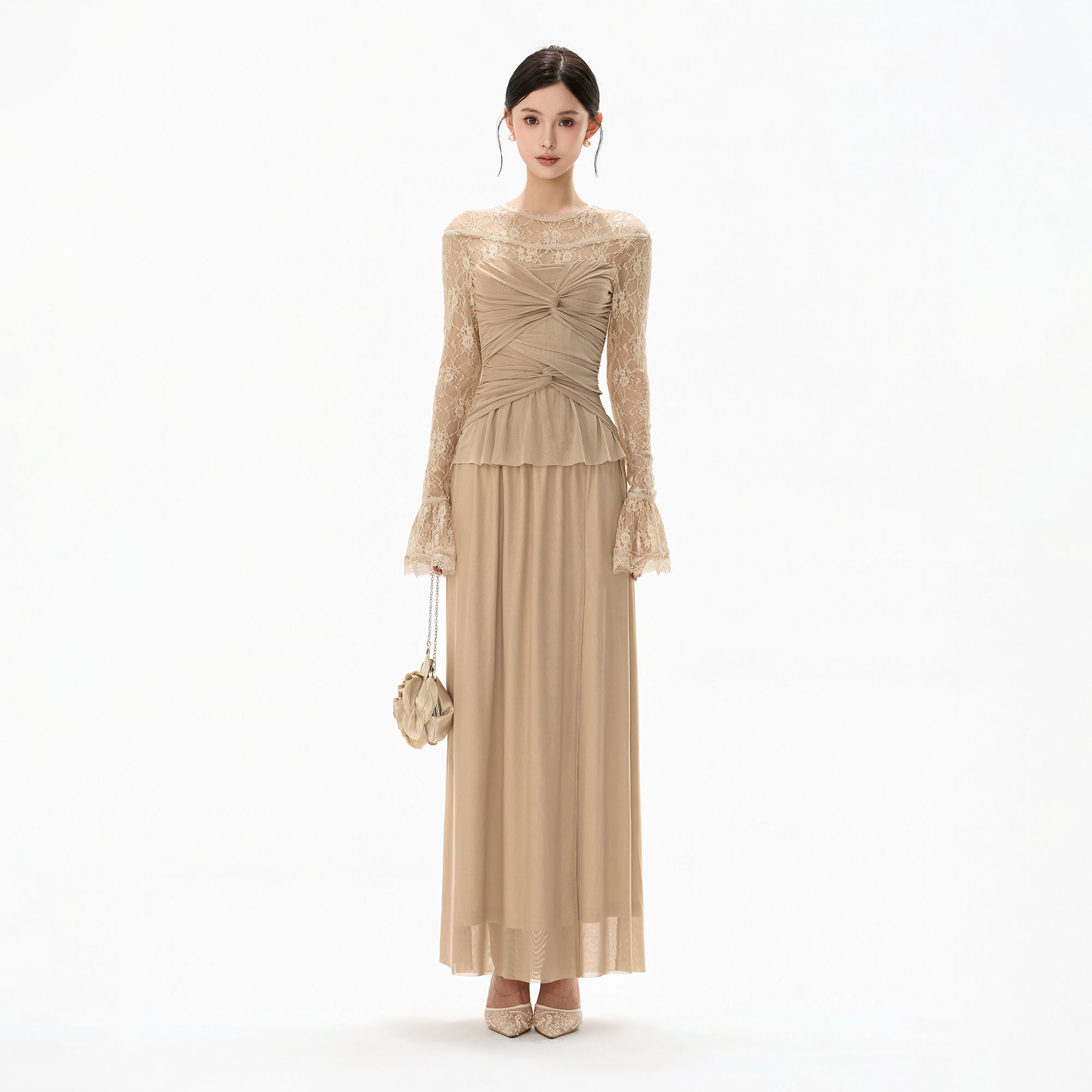 CYNR Ruched Front Lace Sleeve Maxi Dress