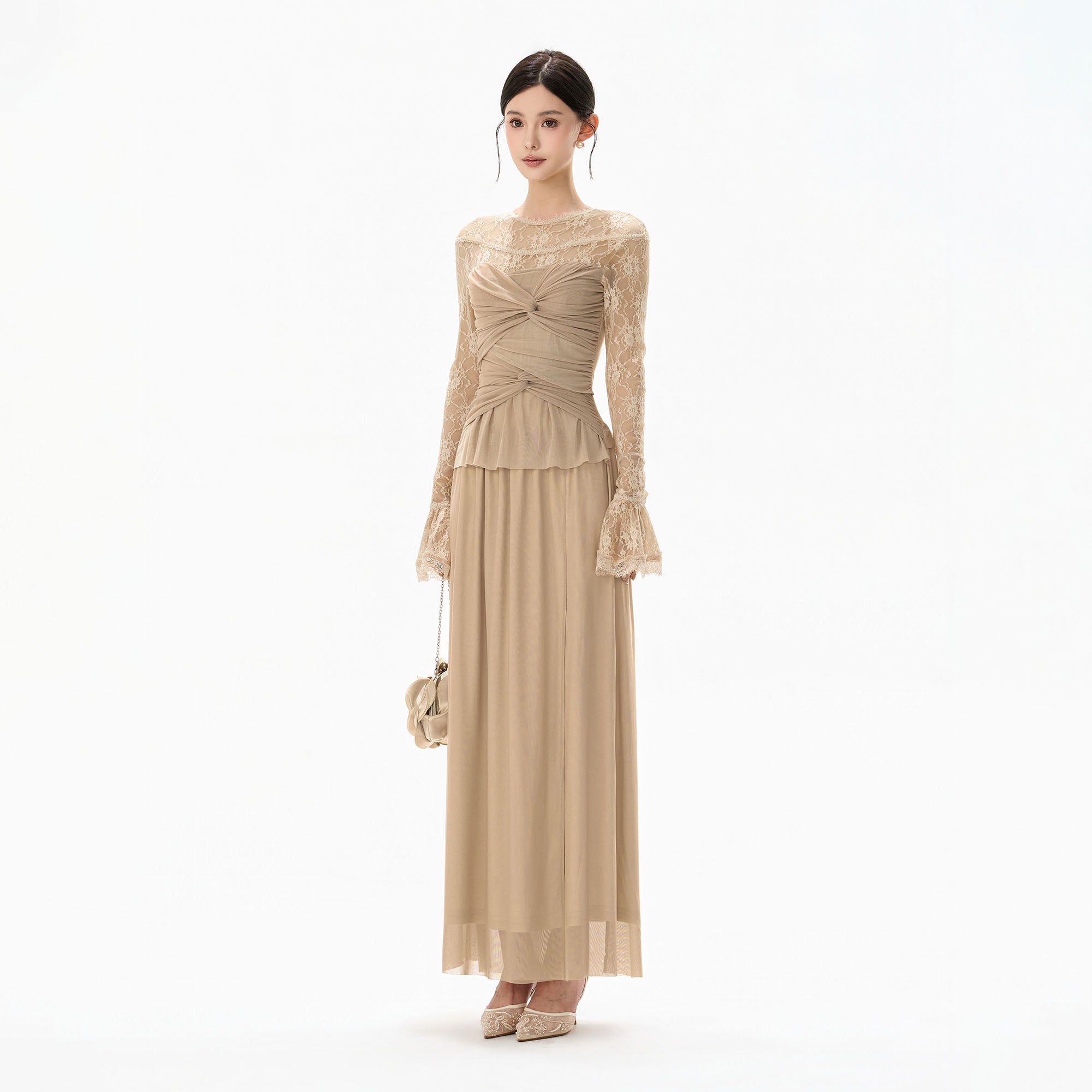 CYNR Ruched Front Lace Sleeve Maxi Dress