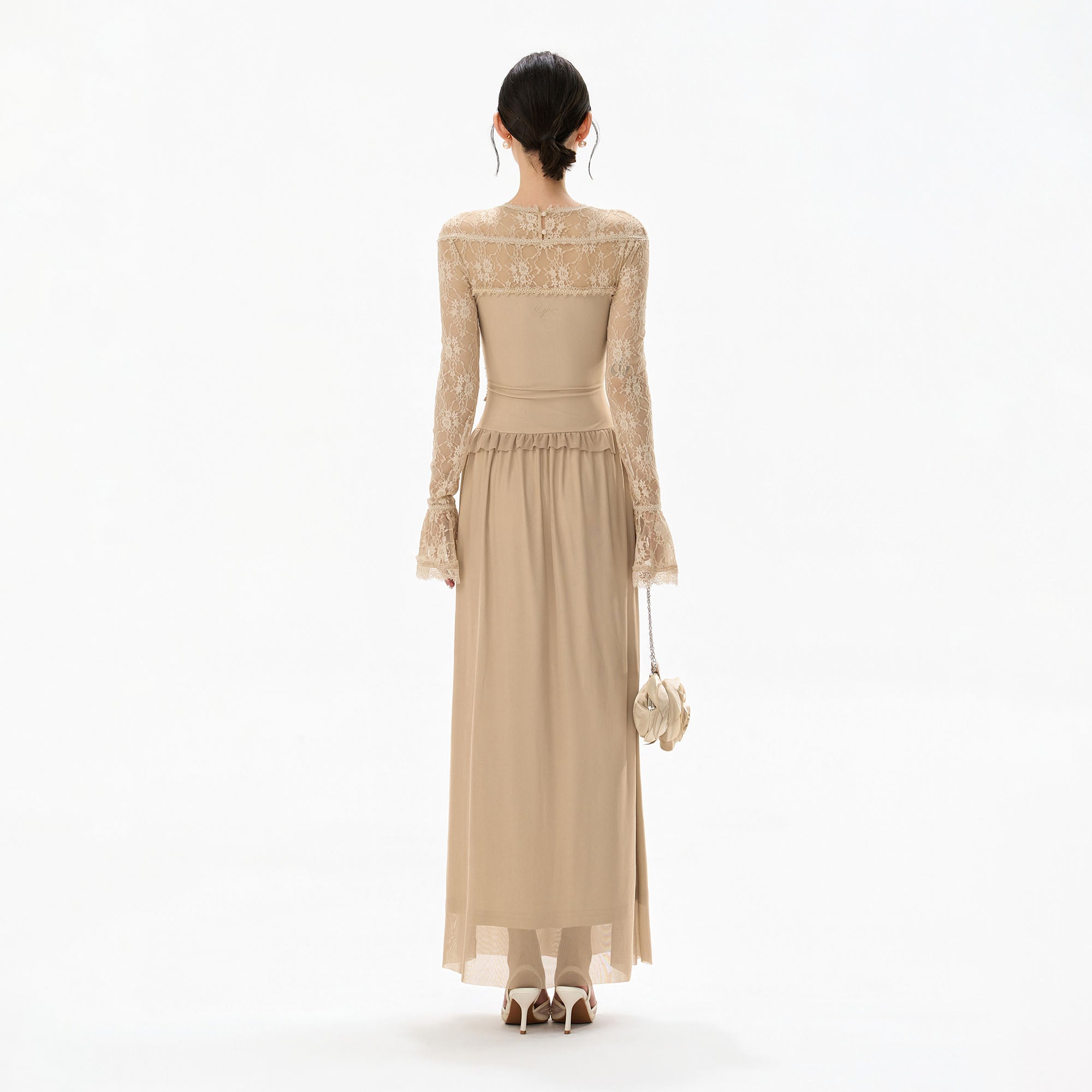 CYNR Ruched Front Lace Sleeve Maxi Dress