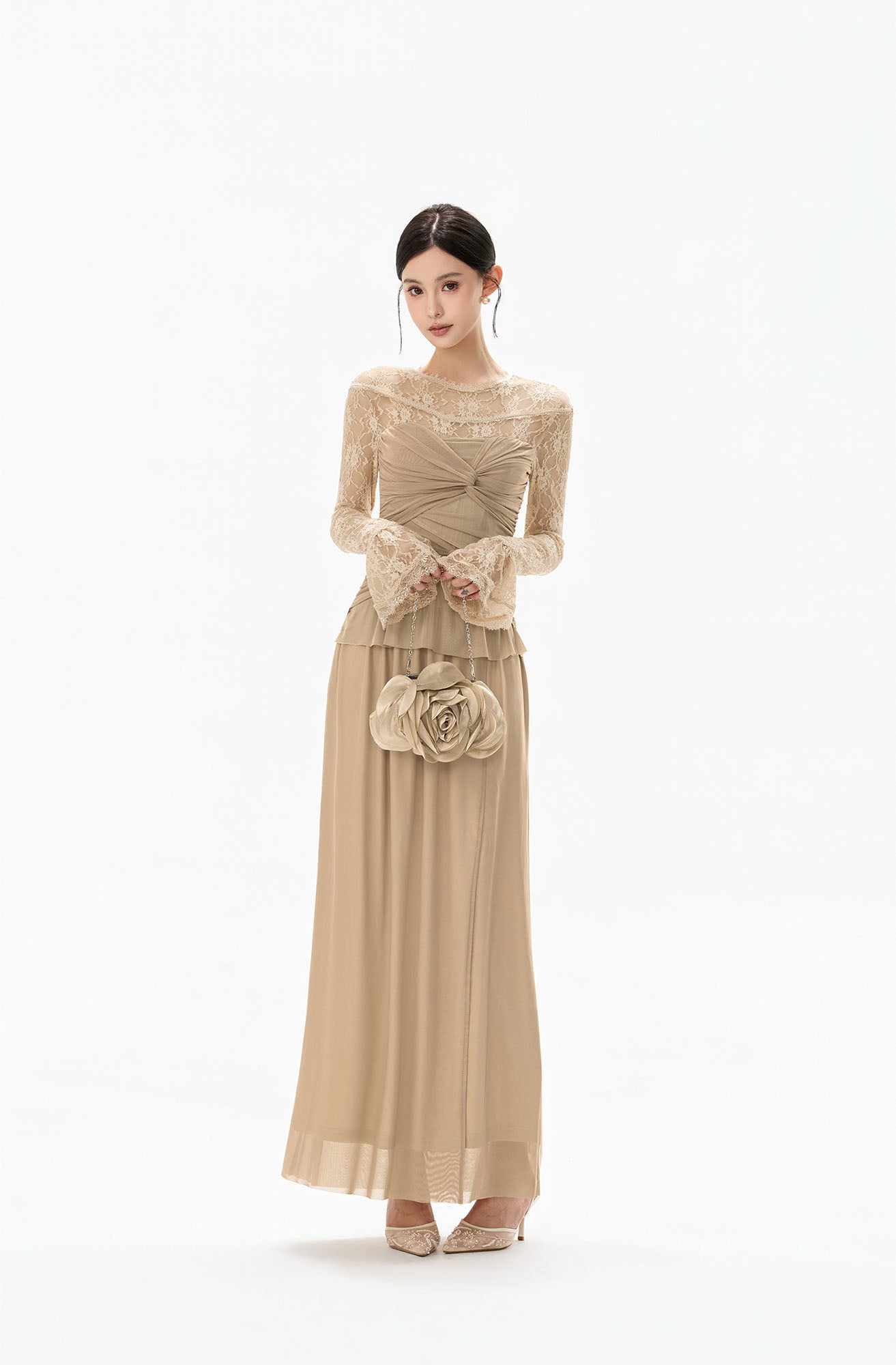 CYNR Ruched Front Lace Sleeve Maxi Dress