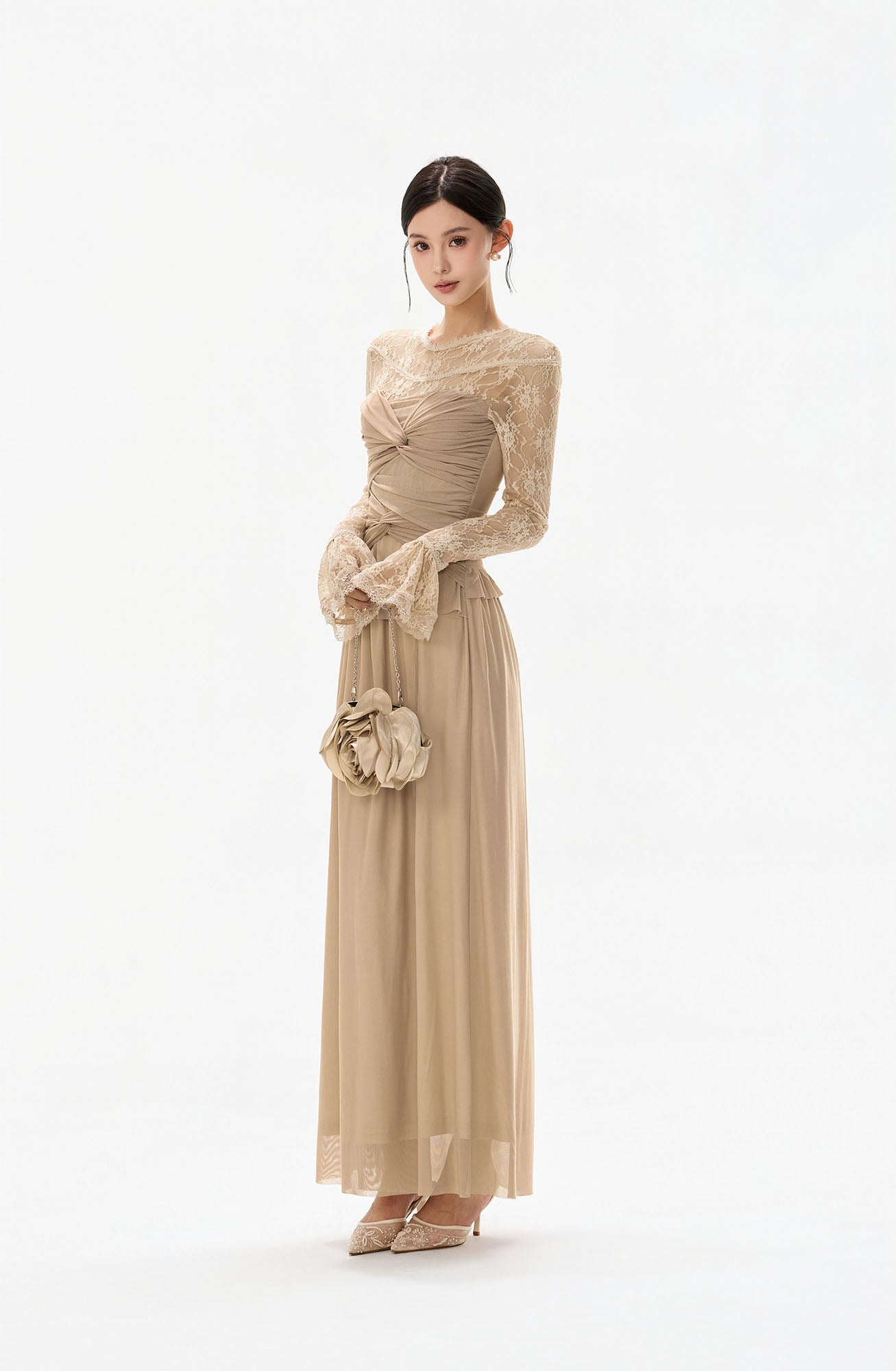 CYNR Ruched Front Lace Sleeve Maxi Dress