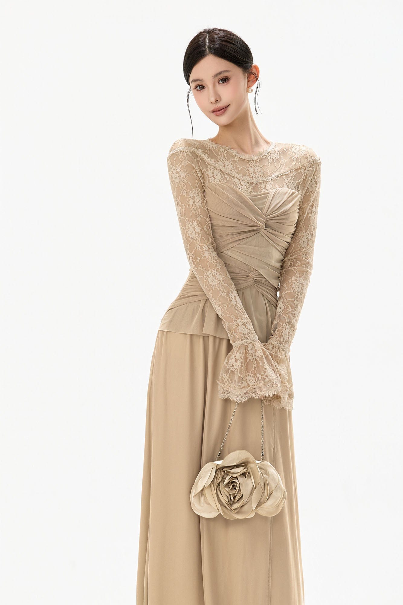 CYNR Ruched Front Lace Sleeve Maxi Dress