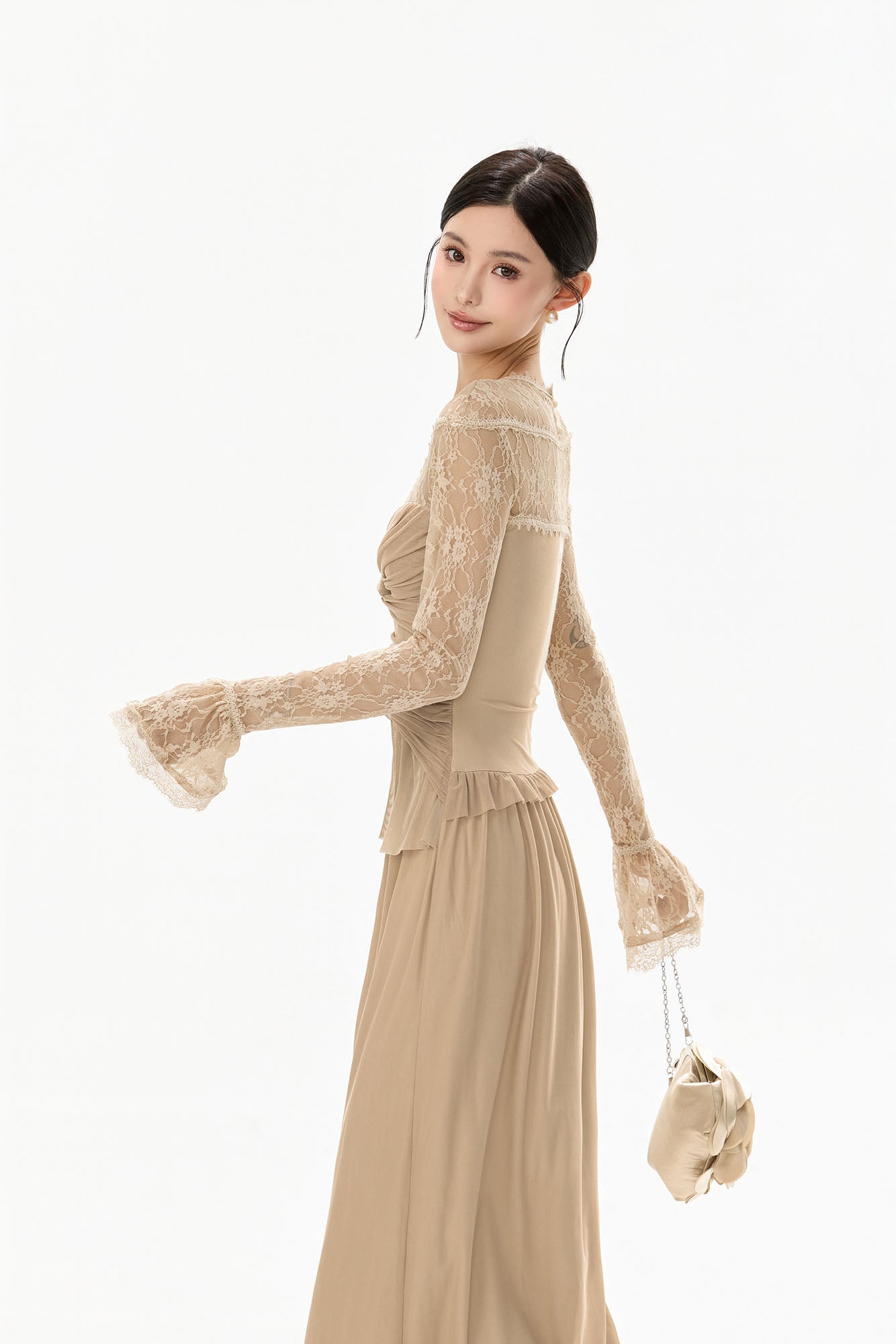 CYNR Ruched Front Lace Sleeve Maxi Dress