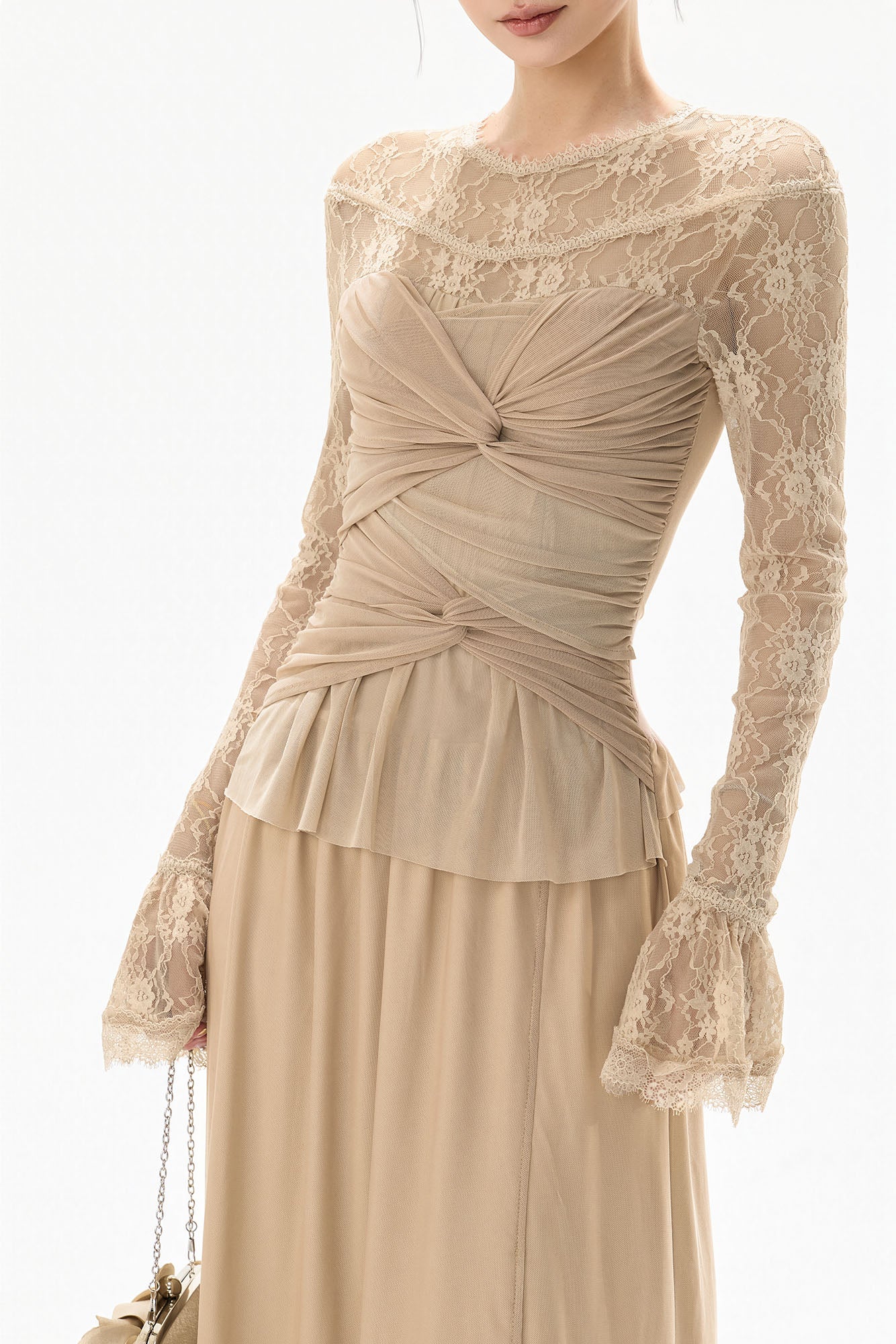 CYNR Ruched Front Lace Sleeve Maxi Dress