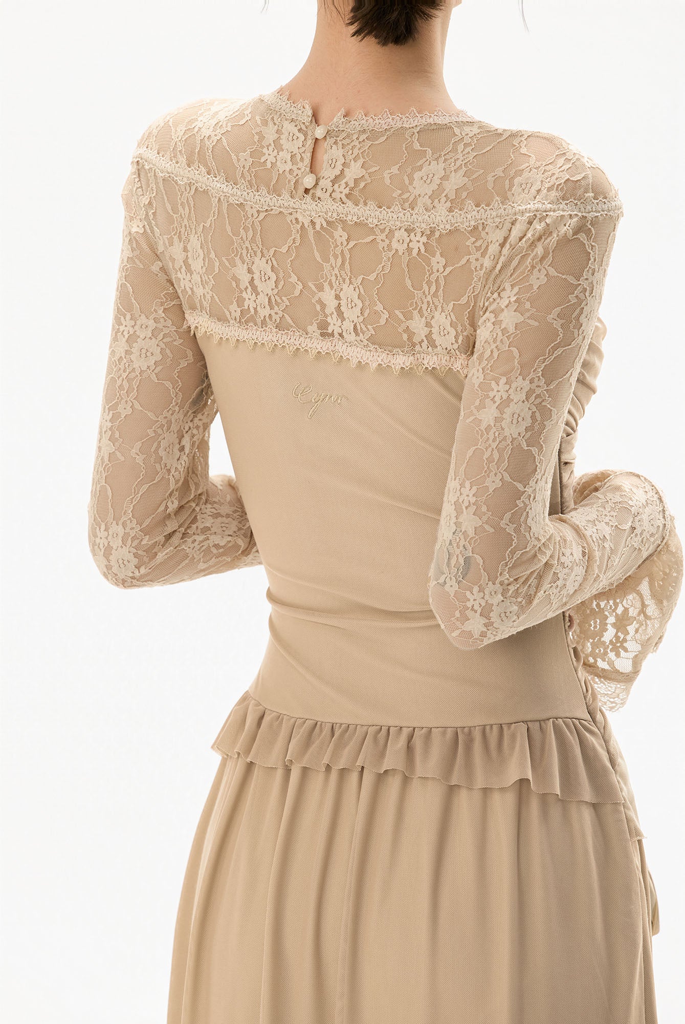CYNR Ruched Front Lace Sleeve Maxi Dress