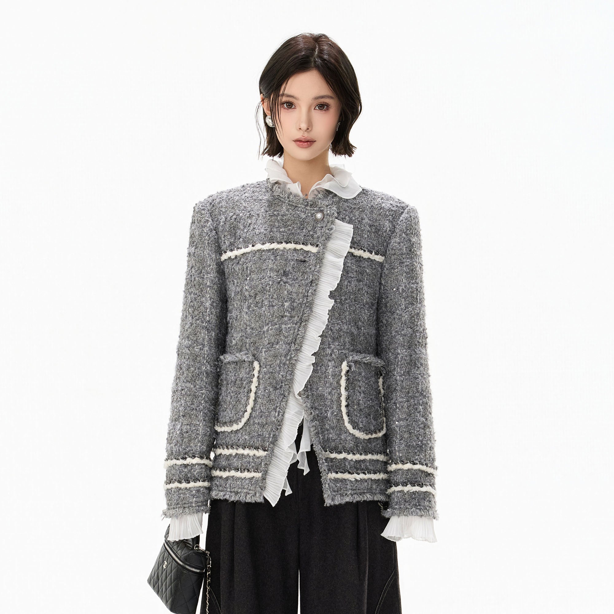 CYGNENOYR Boucle Ruffle-Placket Pearl-Button Jacket