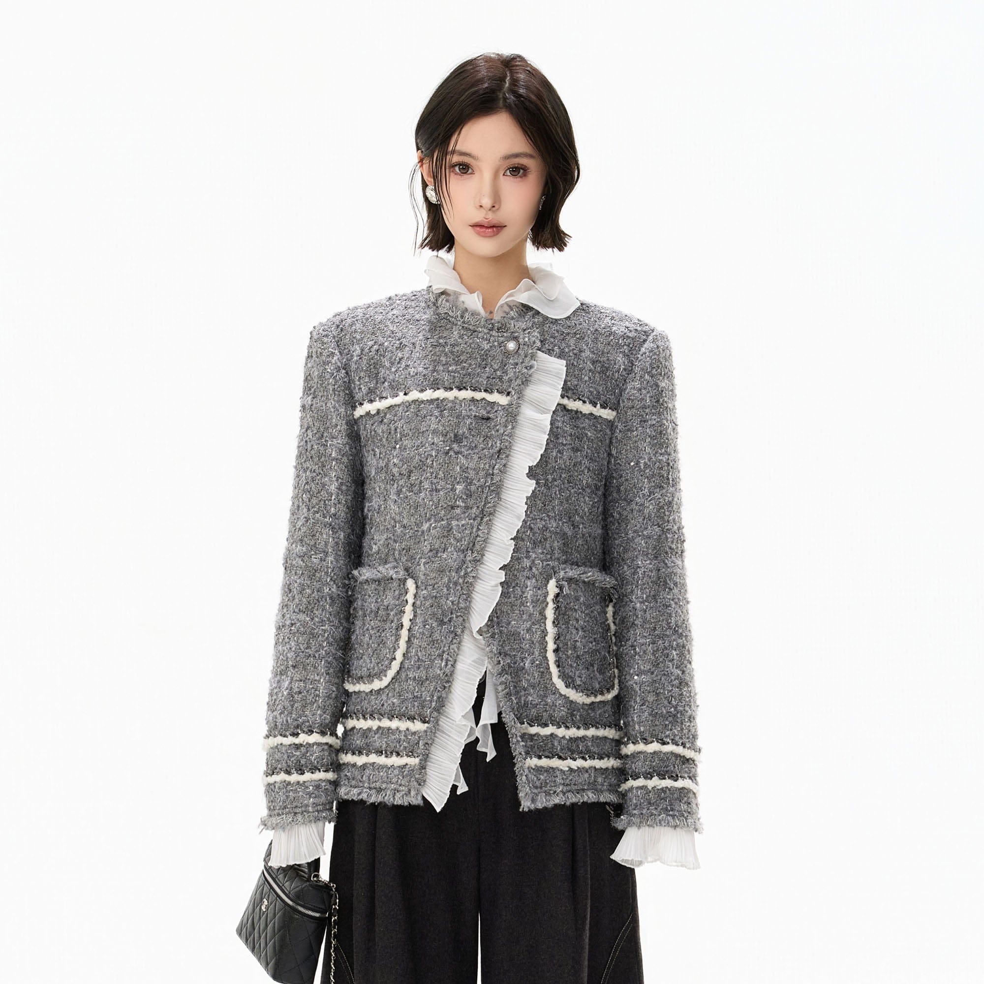 CYNR Boucle Ruffle-Placket Pearl-Button Jacket