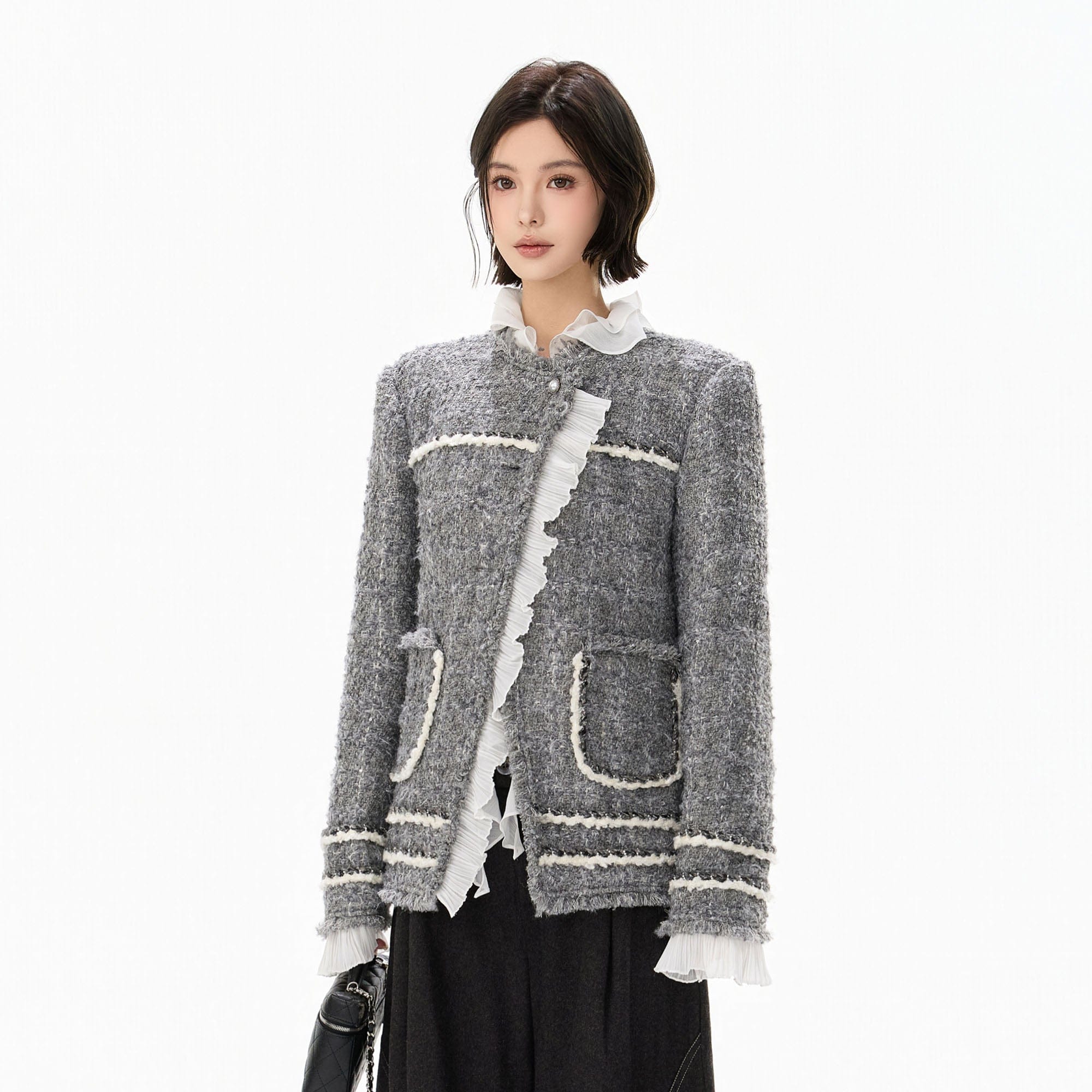 CYNR Boucle Ruffle-Placket Pearl-Button Jacket