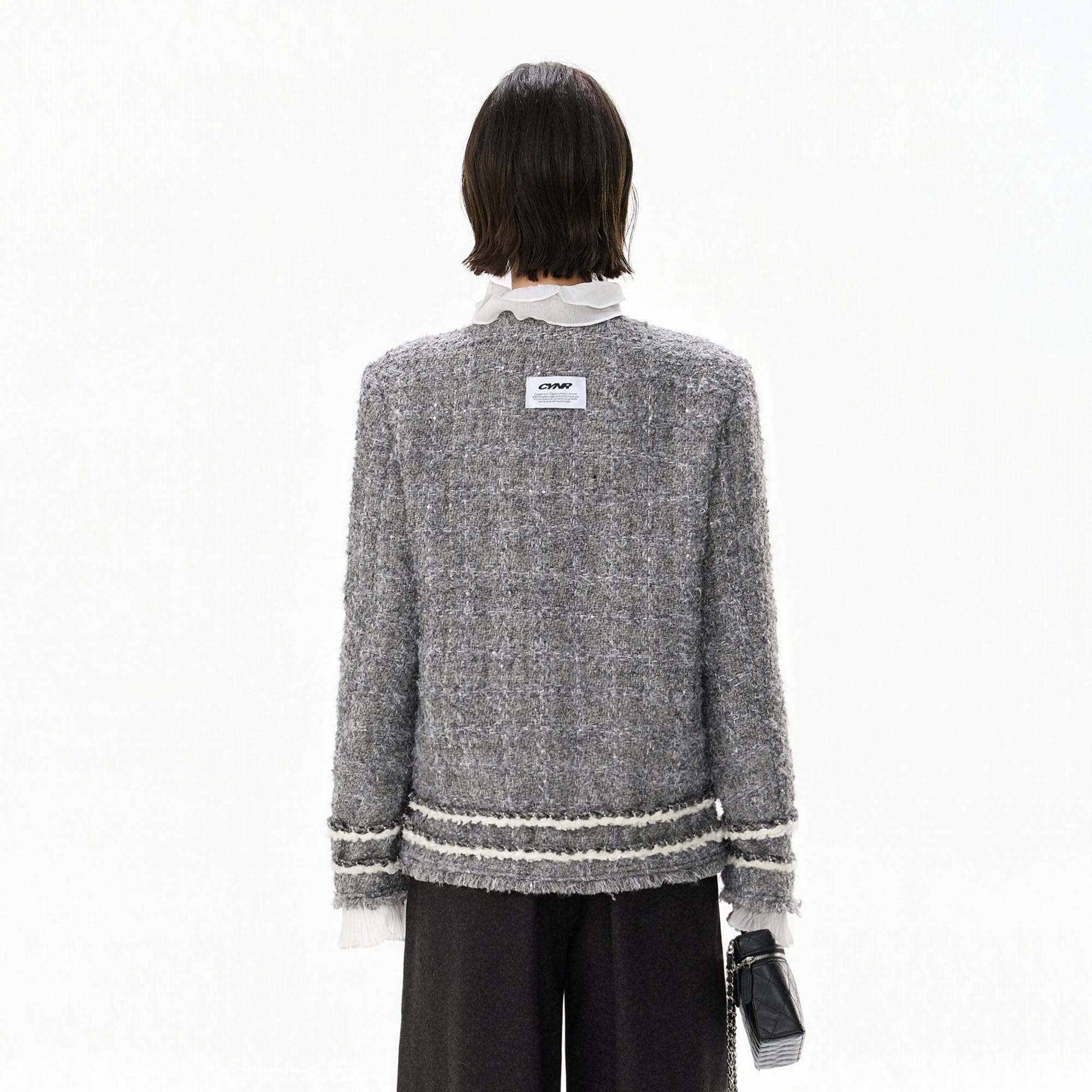 CYNR Boucle Ruffle-Placket Pearl-Button Jacket