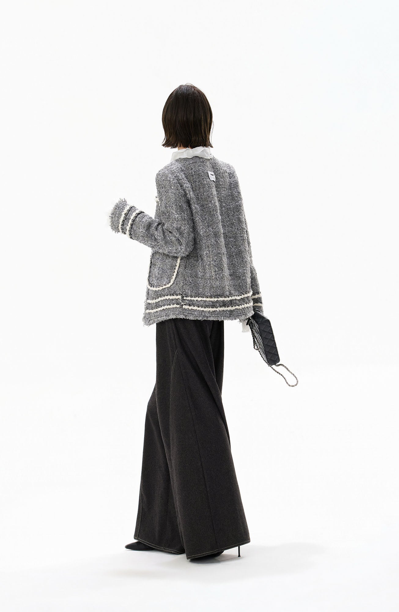 CYGNENOYR Boucle Ruffle-Placket Pearl-Button Jacket