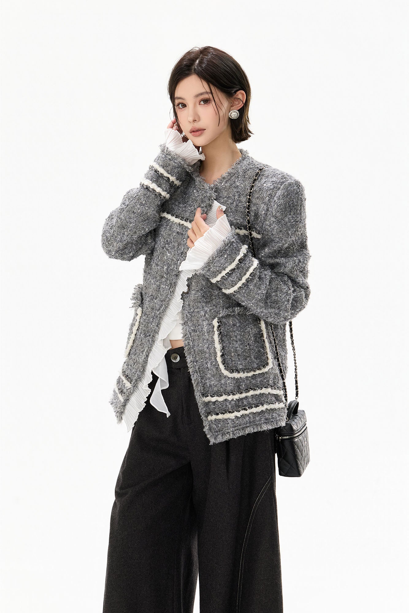 CYGNENOYR Boucle Ruffle-Placket Pearl-Button Jacket