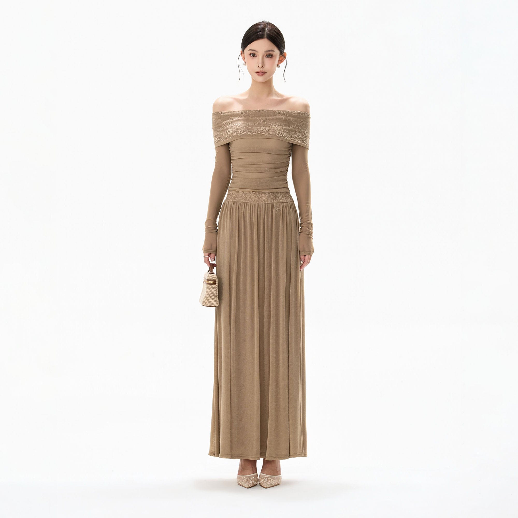 CYNR Off-Shoulder Lace-Trim Ruched Maxi Dress