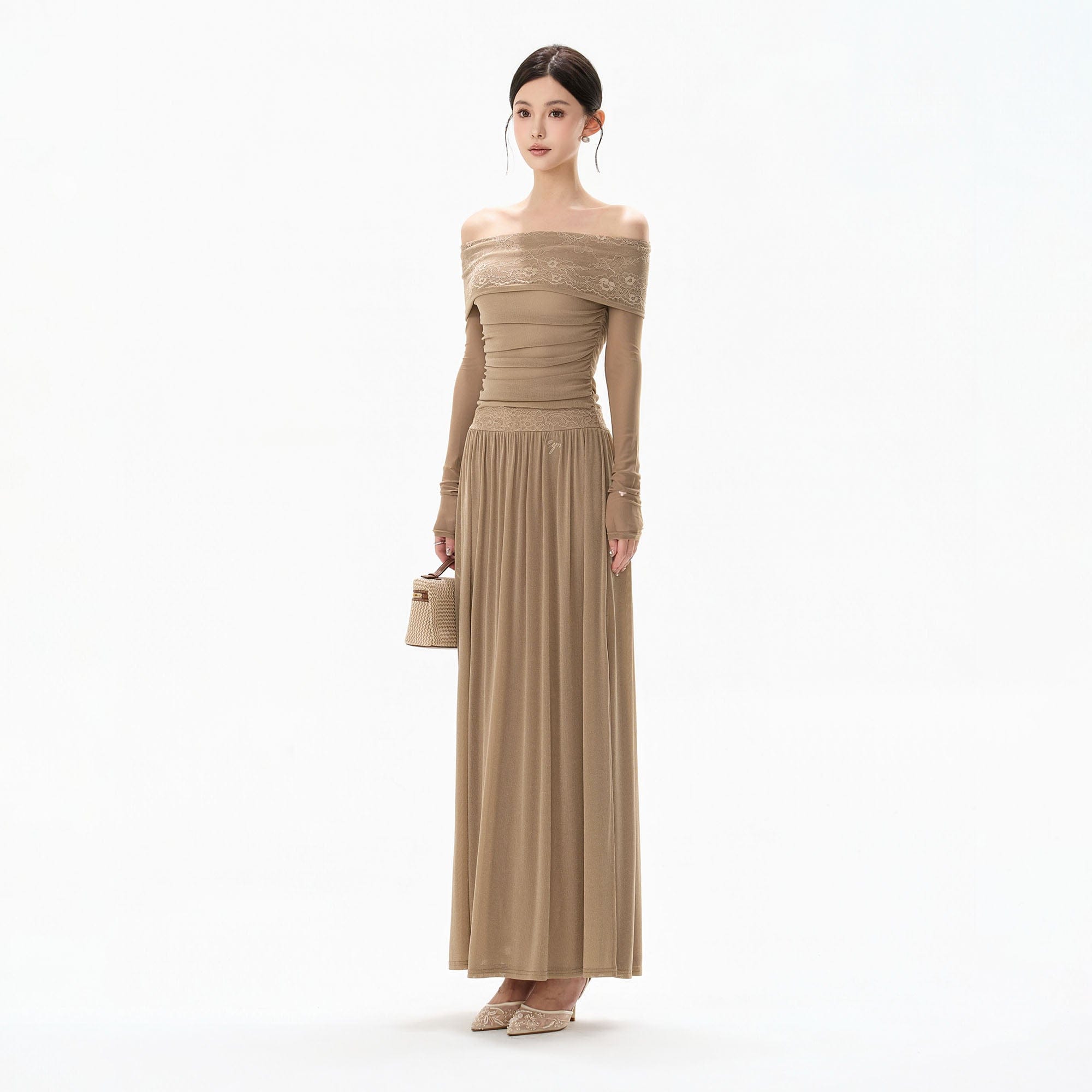 CYNR Off-Shoulder Lace-Trim Ruched Maxi Dress