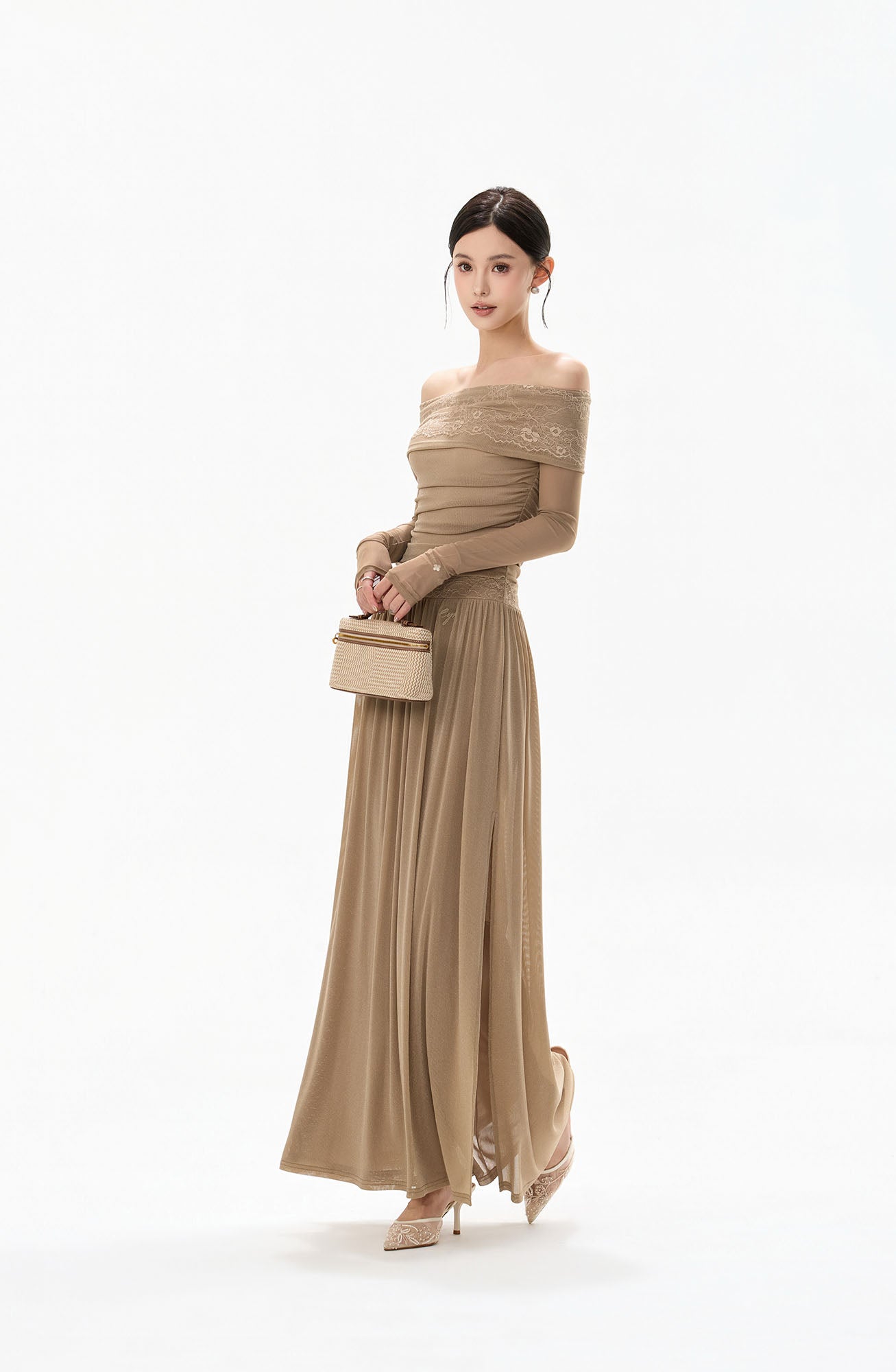 CYNR Off-Shoulder Lace-Trim Ruched Maxi Dress