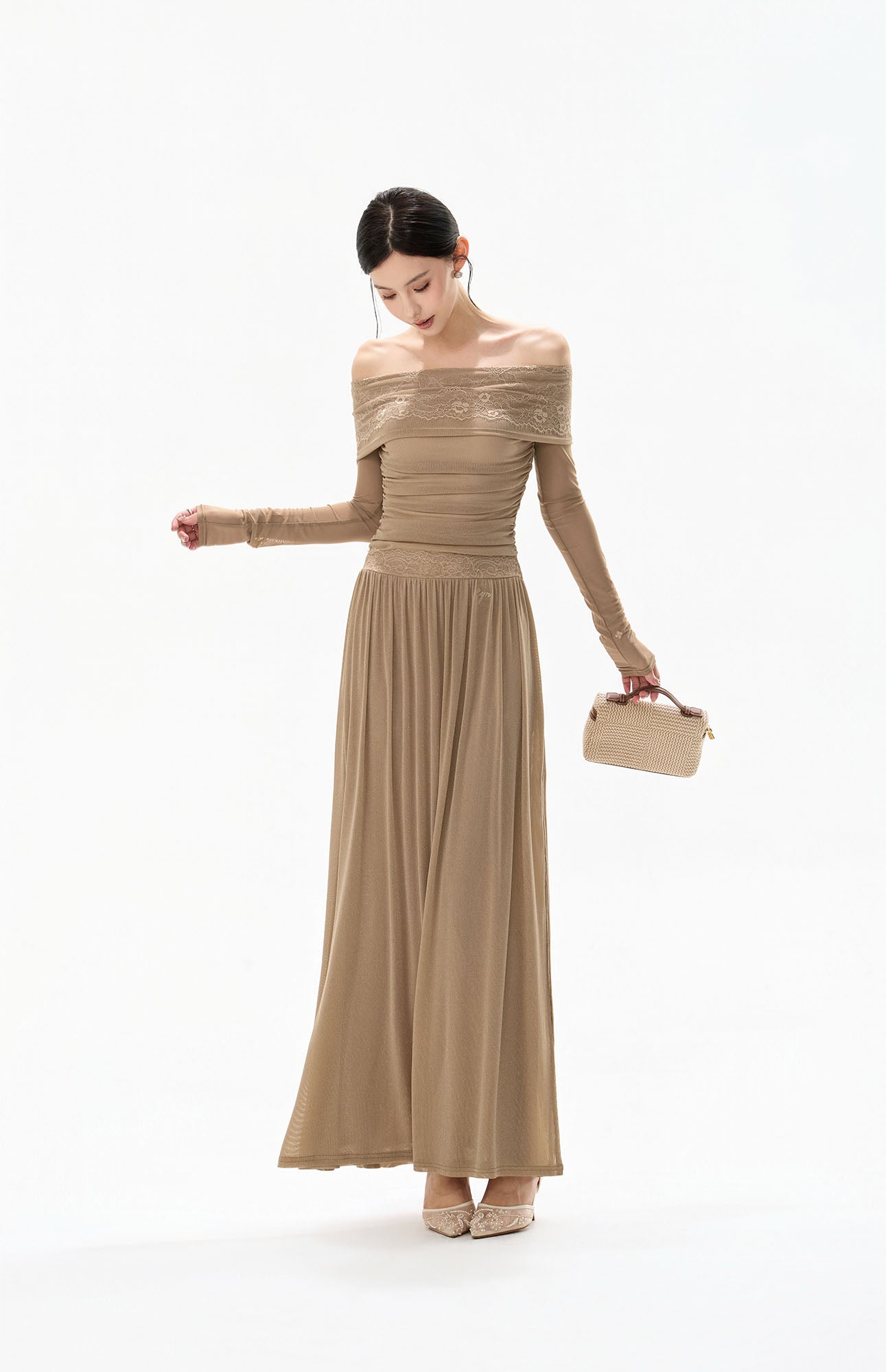 CYNR Off-Shoulder Lace-Trim Ruched Maxi Dress