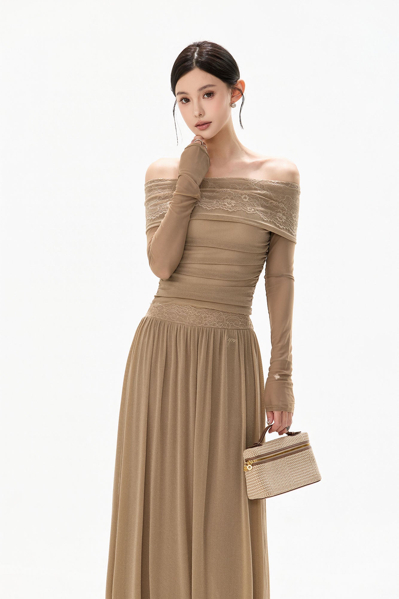 CYNR Off-Shoulder Lace-Trim Ruched Maxi Dress