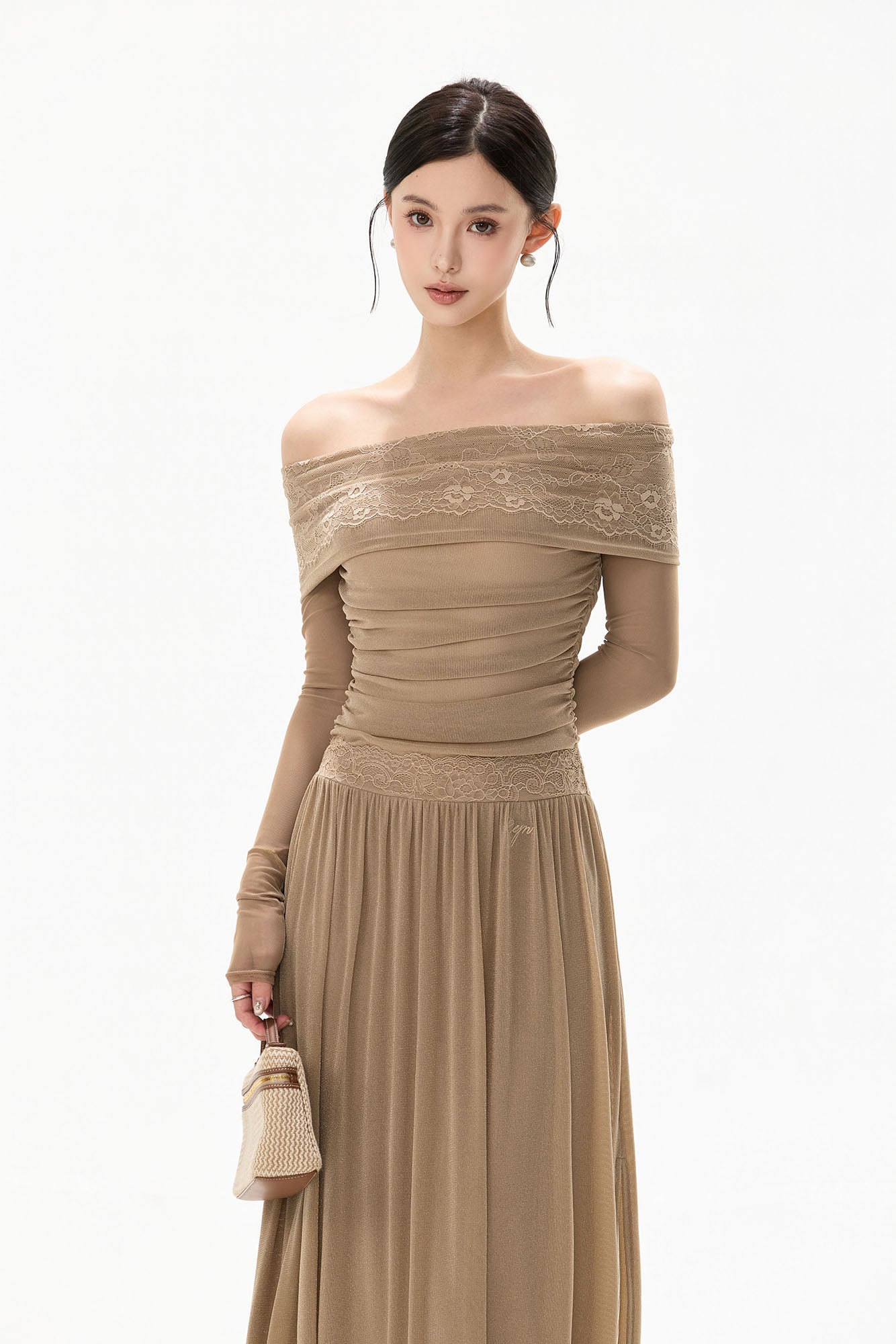 CYNR Off-Shoulder Lace-Trim Ruched Maxi Dress