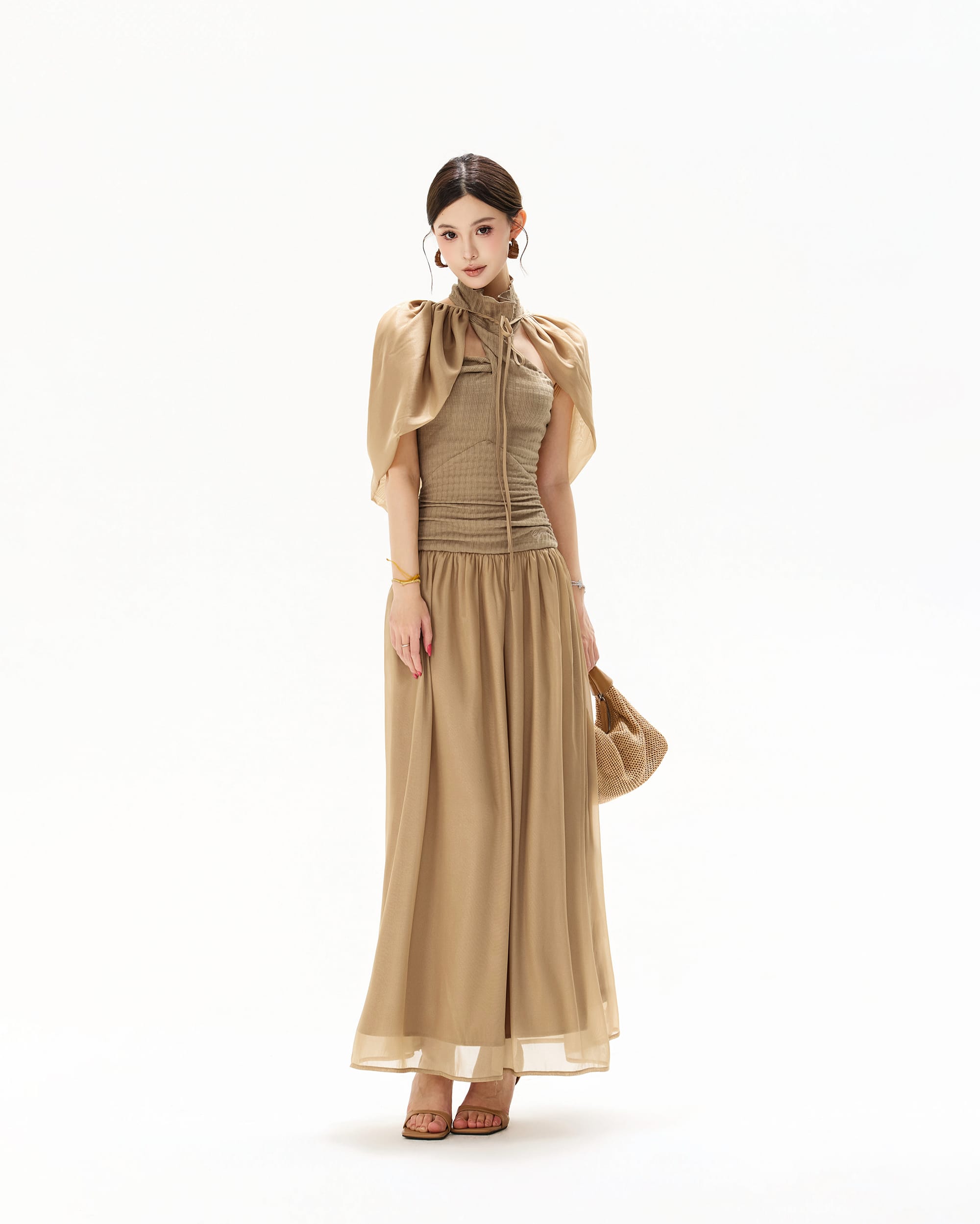 CYNR Chiffon Cape Halter Ruched Maxi Dress