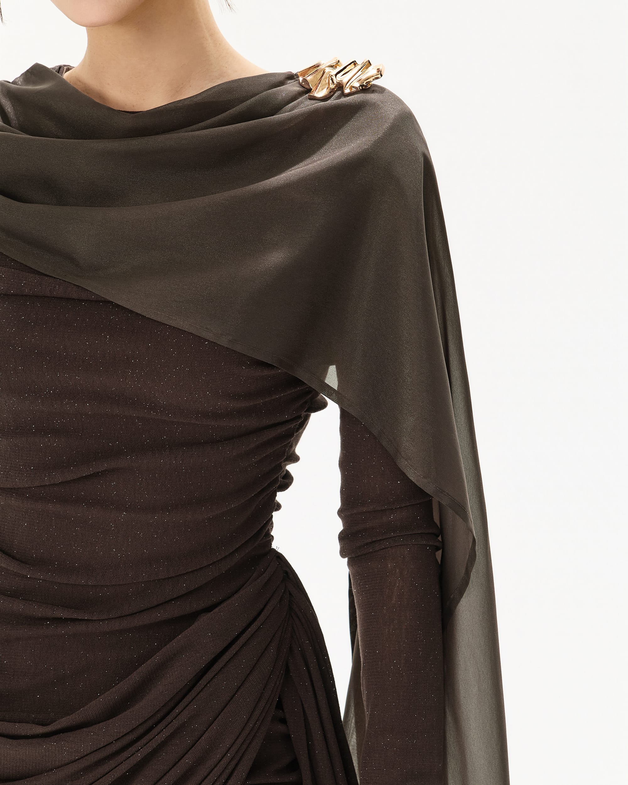 CYNR Sheer Mesh Cape Ruched Bodycon Dress Black