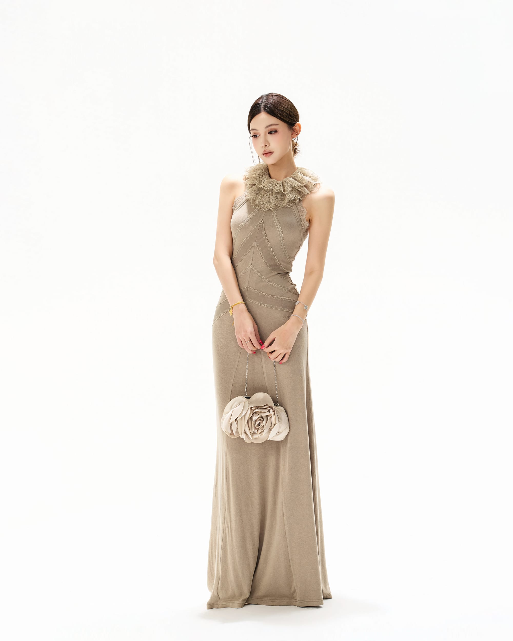 CYNR Lace-Trim Ruffle Halter Dress
