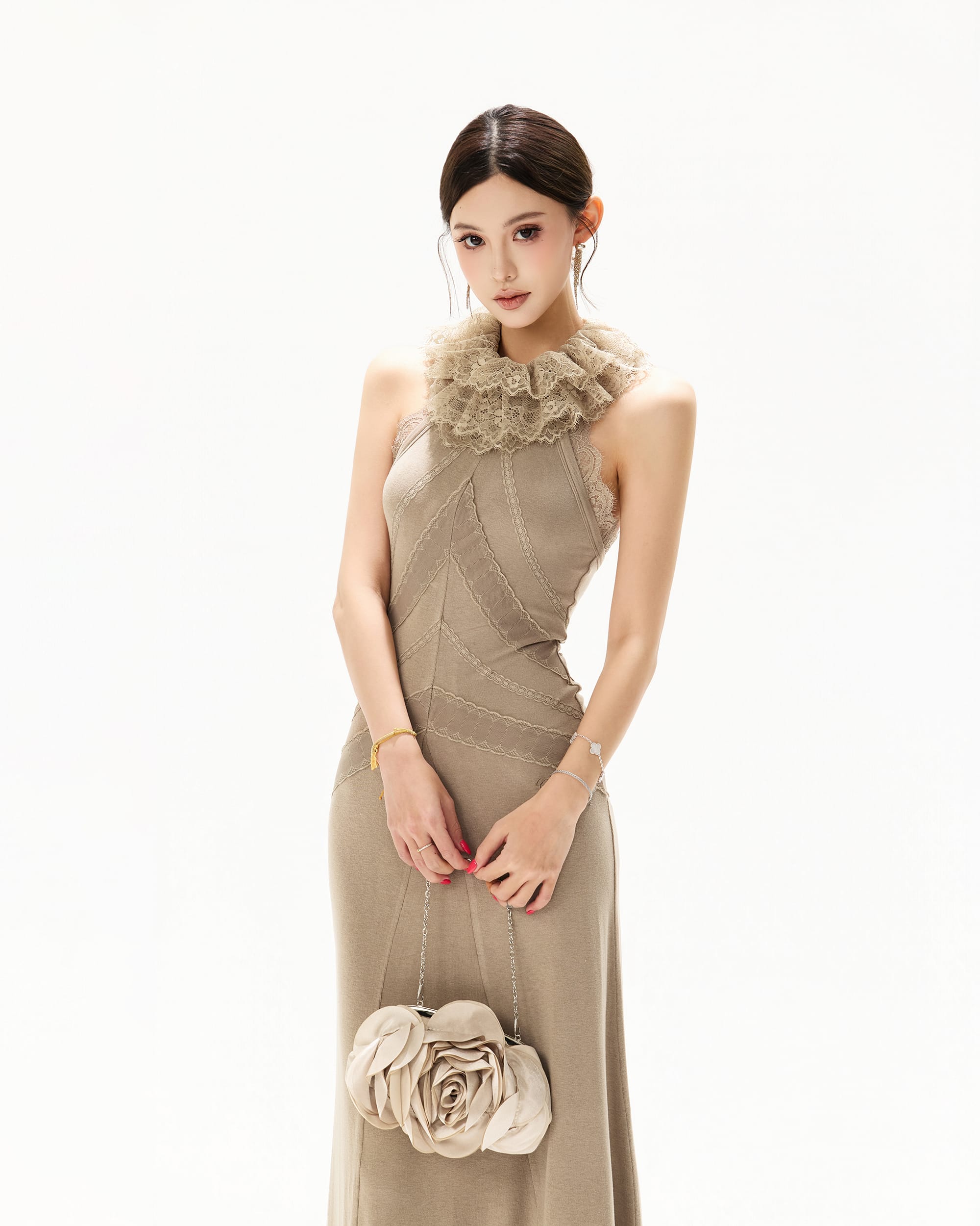 CYNR Lace-Trim Ruffle Halter Dress