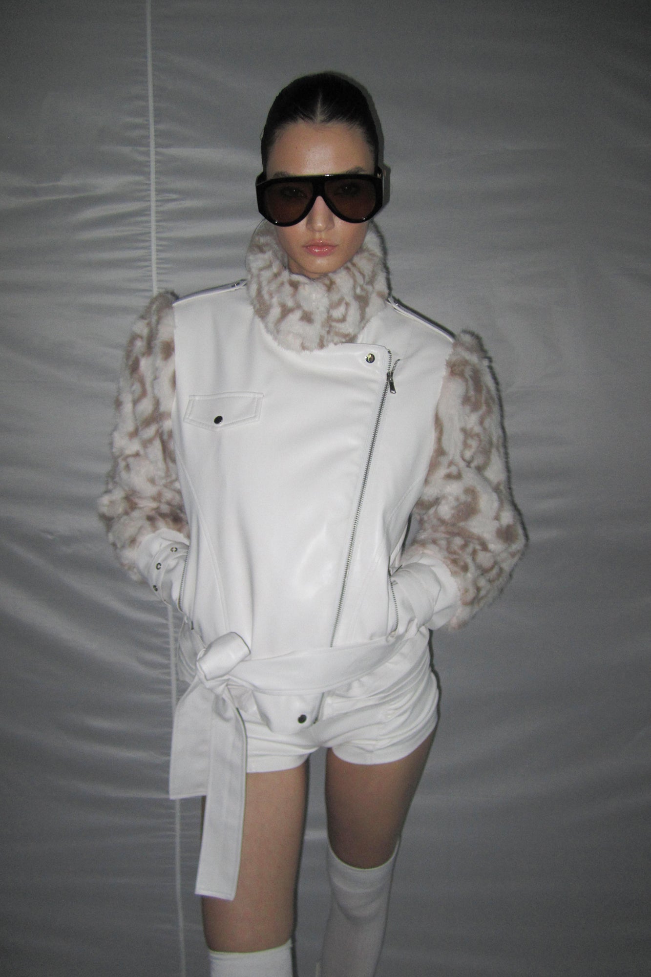 NEVER OFFEND L ANGEL Leopard Faux Fur Panel Biker Jacket