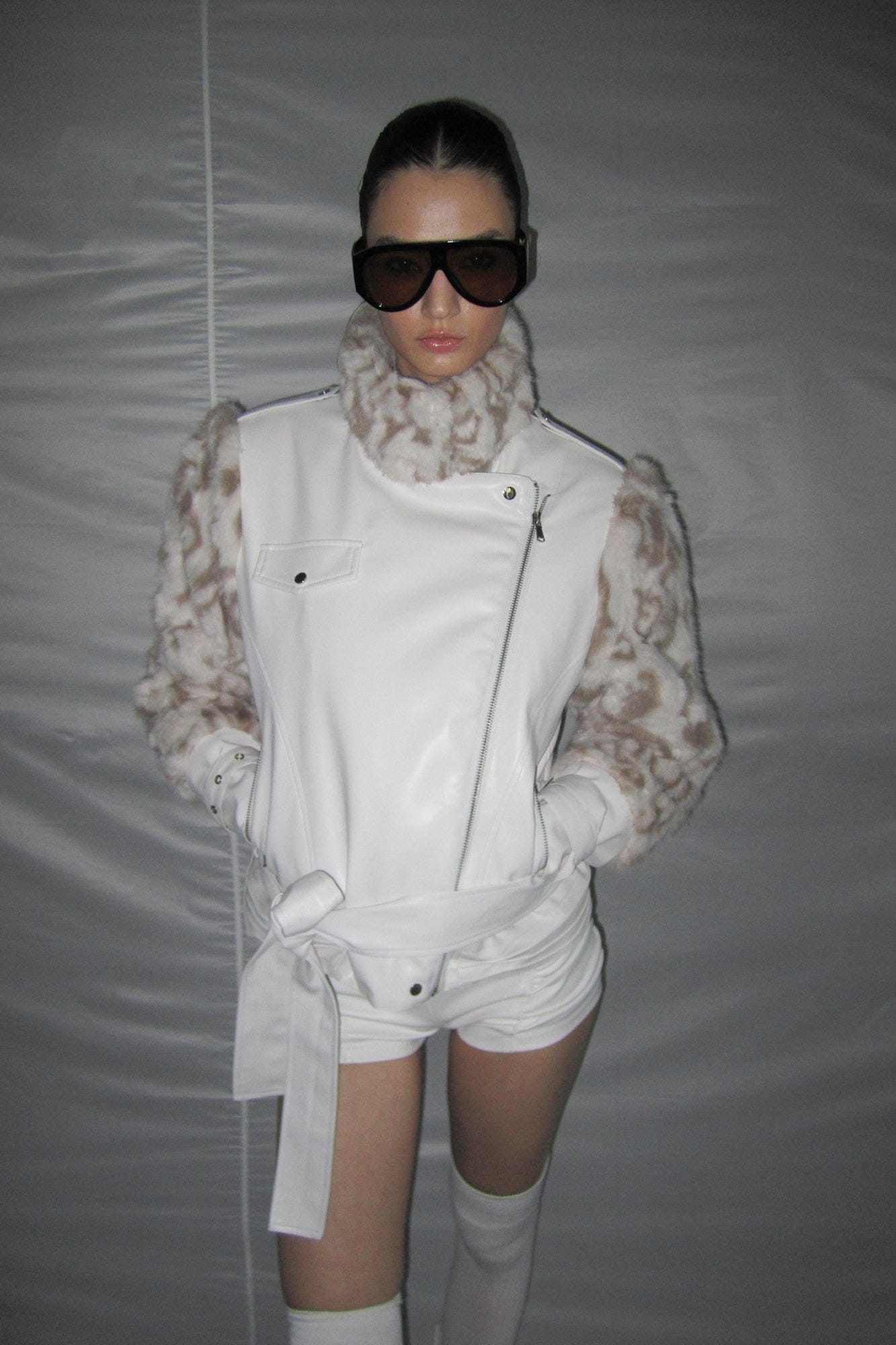 NEVER OFFEND L ANGEL Leopard Faux Fur Panel Biker Jacket