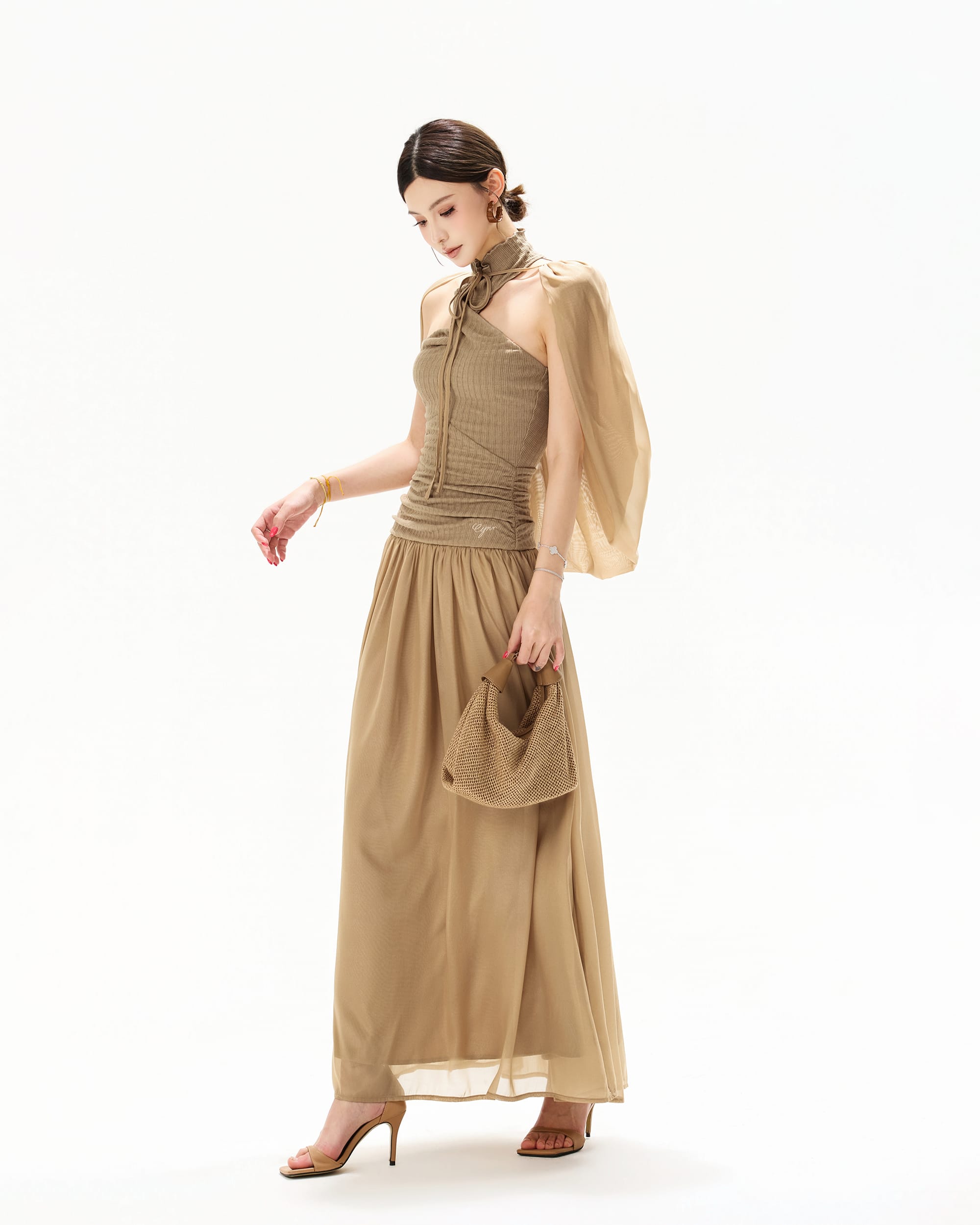 CYNR Chiffon Cape Halter Ruched Maxi Dress