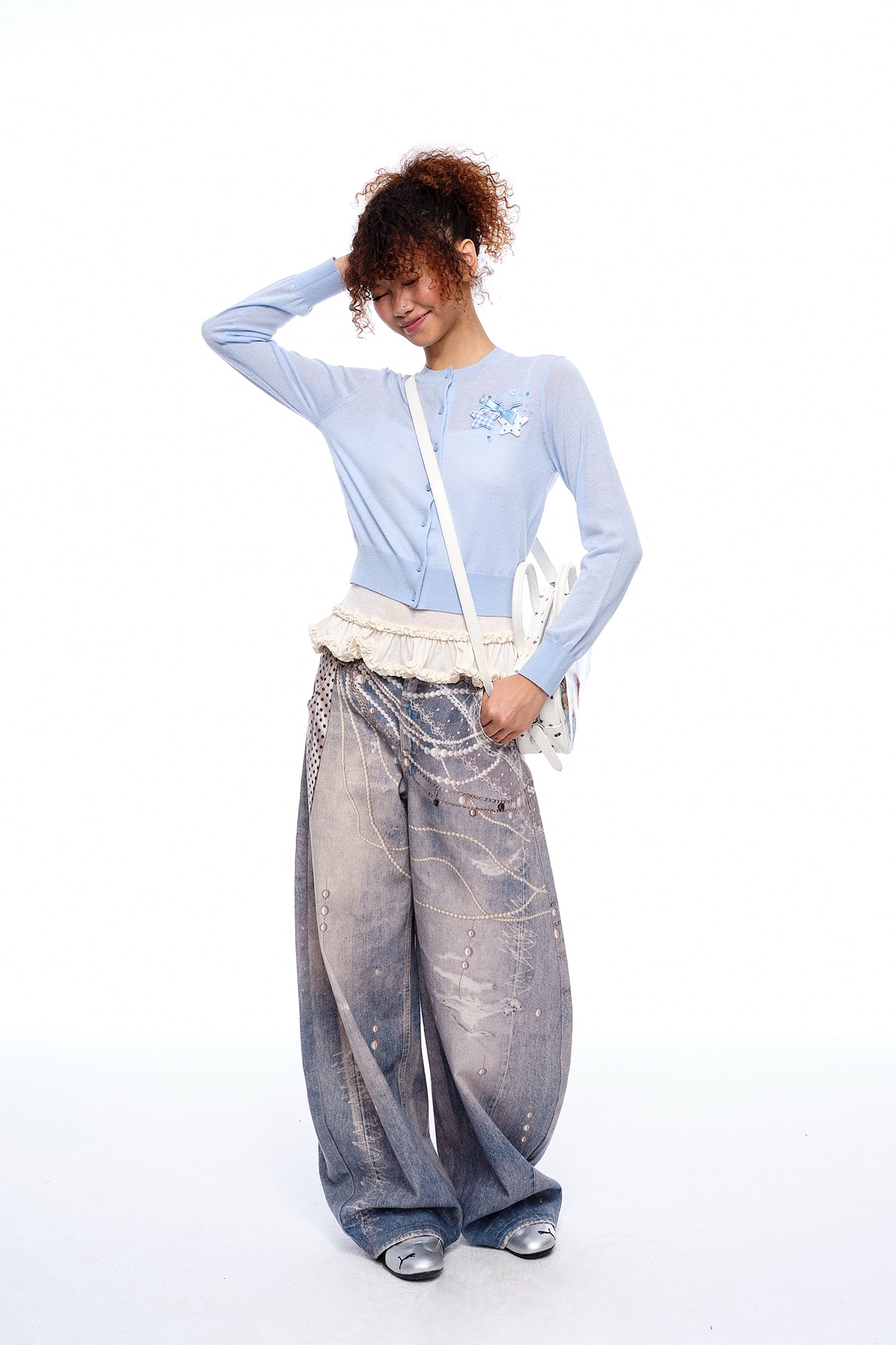MOF Pearl Chain Graphic Washed Curved Jeans