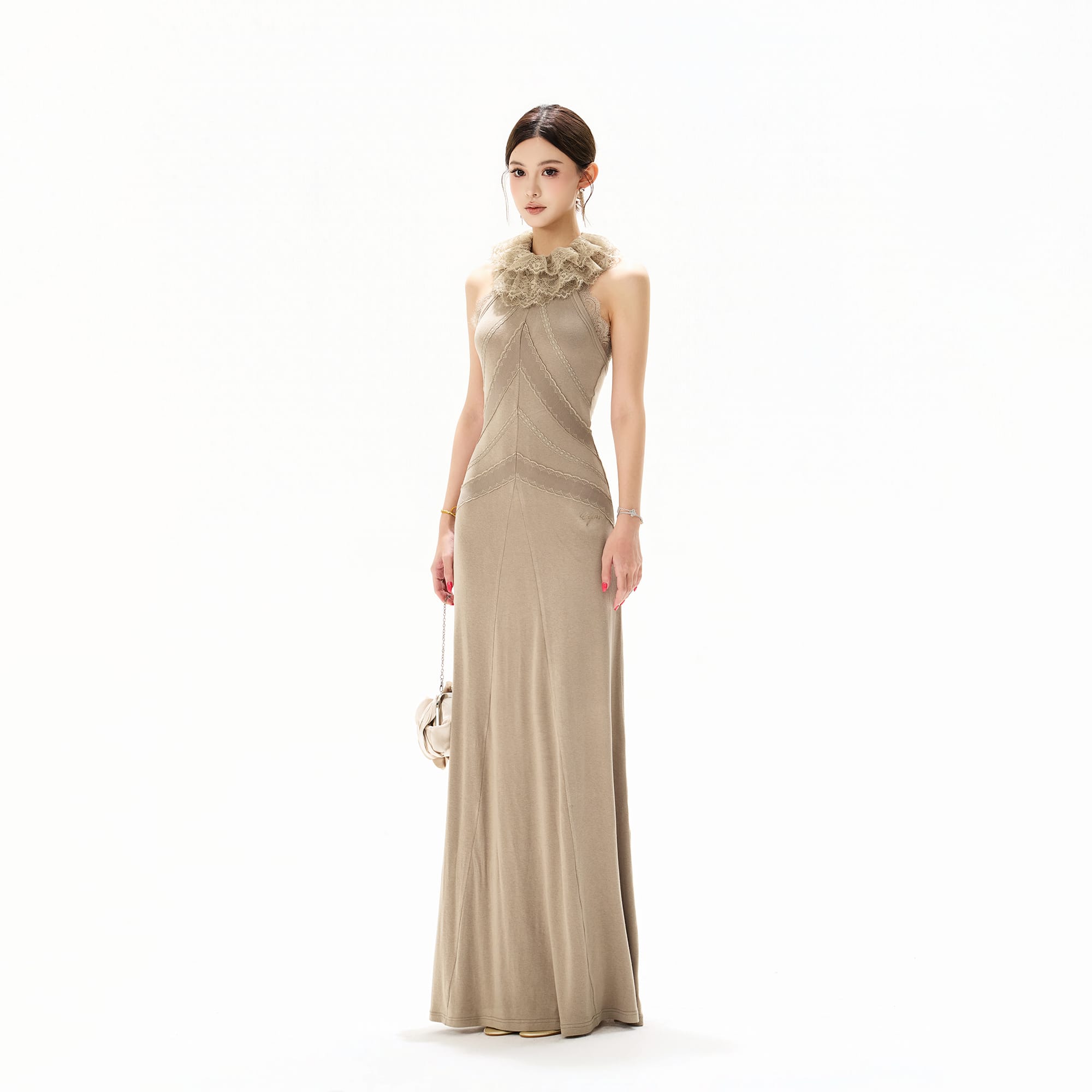 CYNR Lace-Trim Ruffle Halter Dress