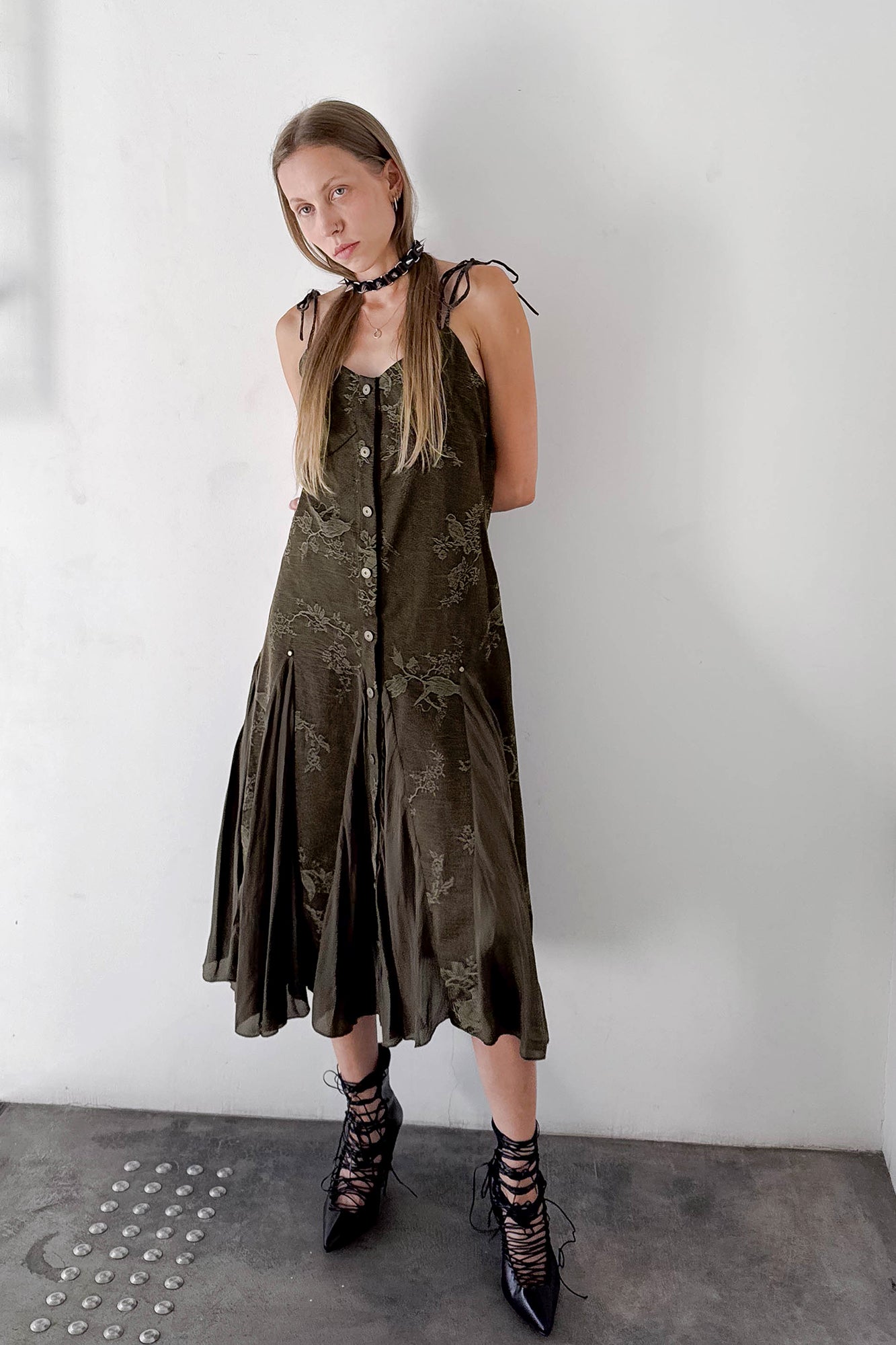 JIUWU PARK Floral Jacquard Sheer Panel Slip Dress