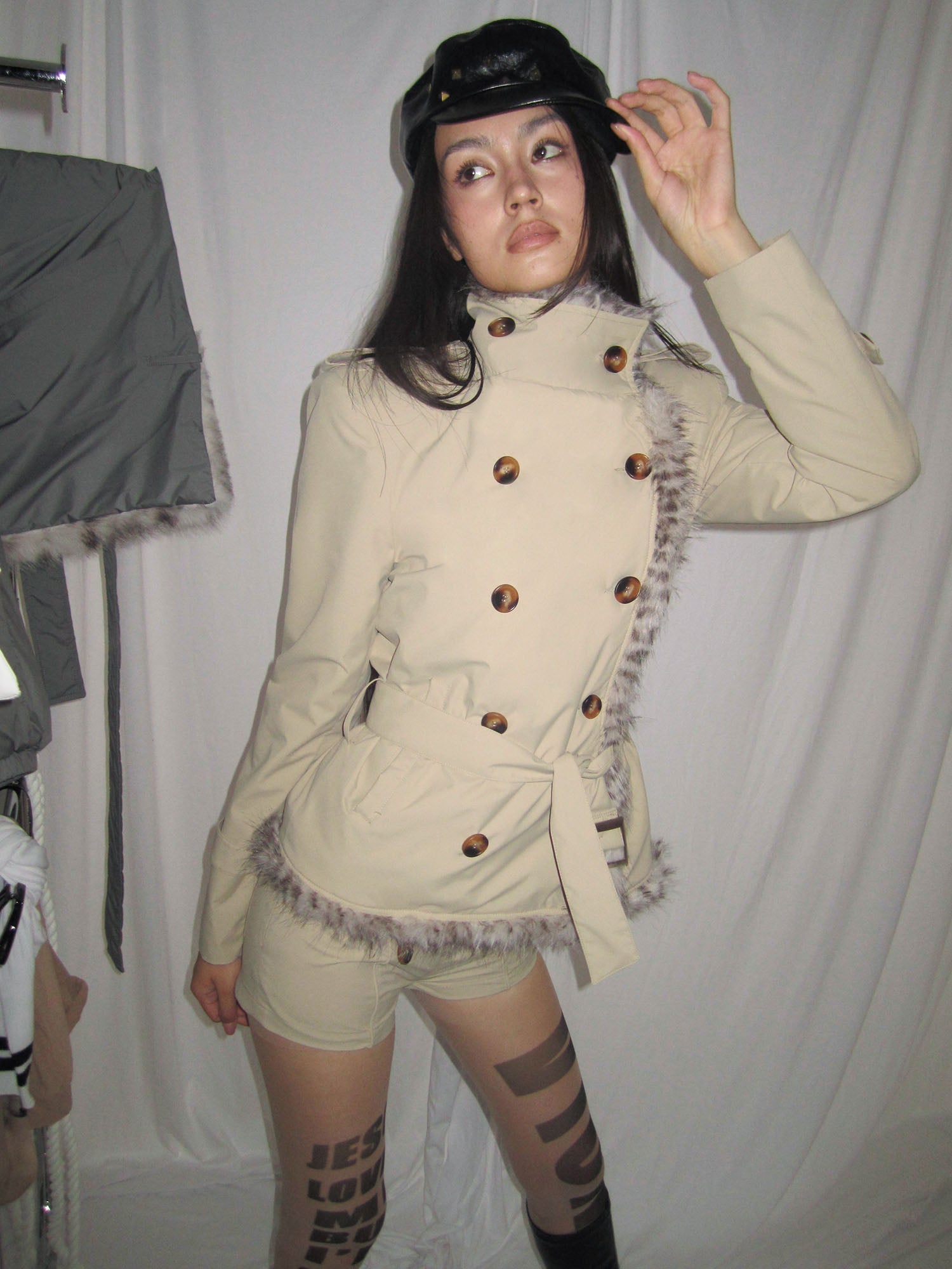 NEVER OFFEND L ANGEL Faux-Fur Trim Double-Breasted Military Set